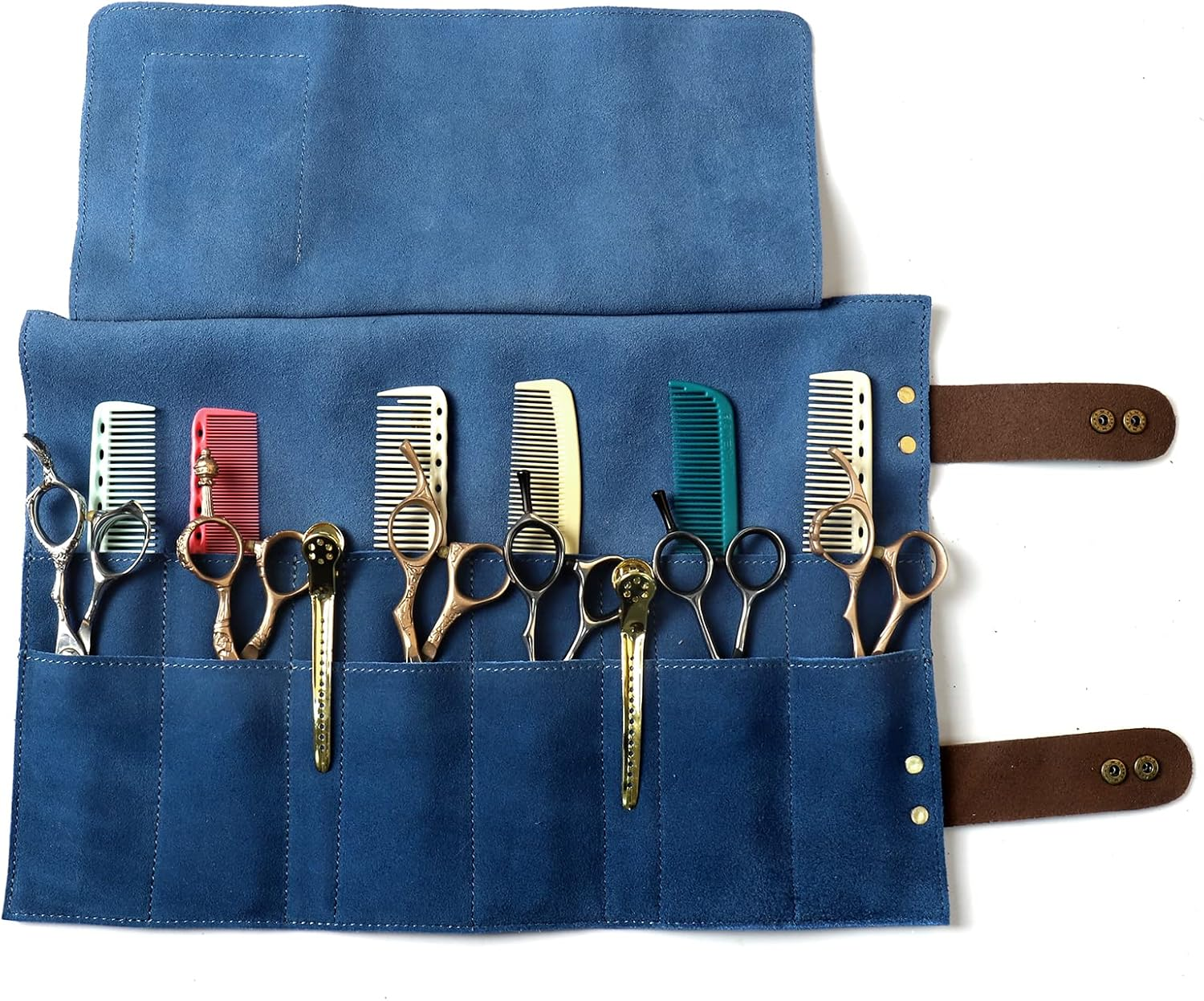 Salon Scissors Bag Roll Up, 12 Pockets Genuine Leather Stylist Grooming Scissors Holder Barber Hair Scissor Shears Cases for Hairdressers (Hj-Zp011-Blue) image number 6