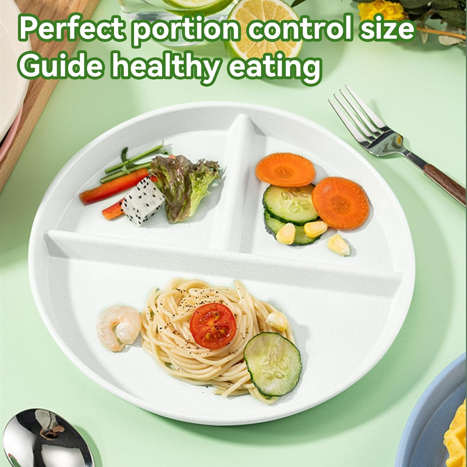 WAYGYMBBD Unbreakable Divided Plates for Kids Adults 9 Inch 5Pcs，Round Portion Control Plate,3 Compartment Plates with Dividers，Microwave and Dishwasher Safe image number 2