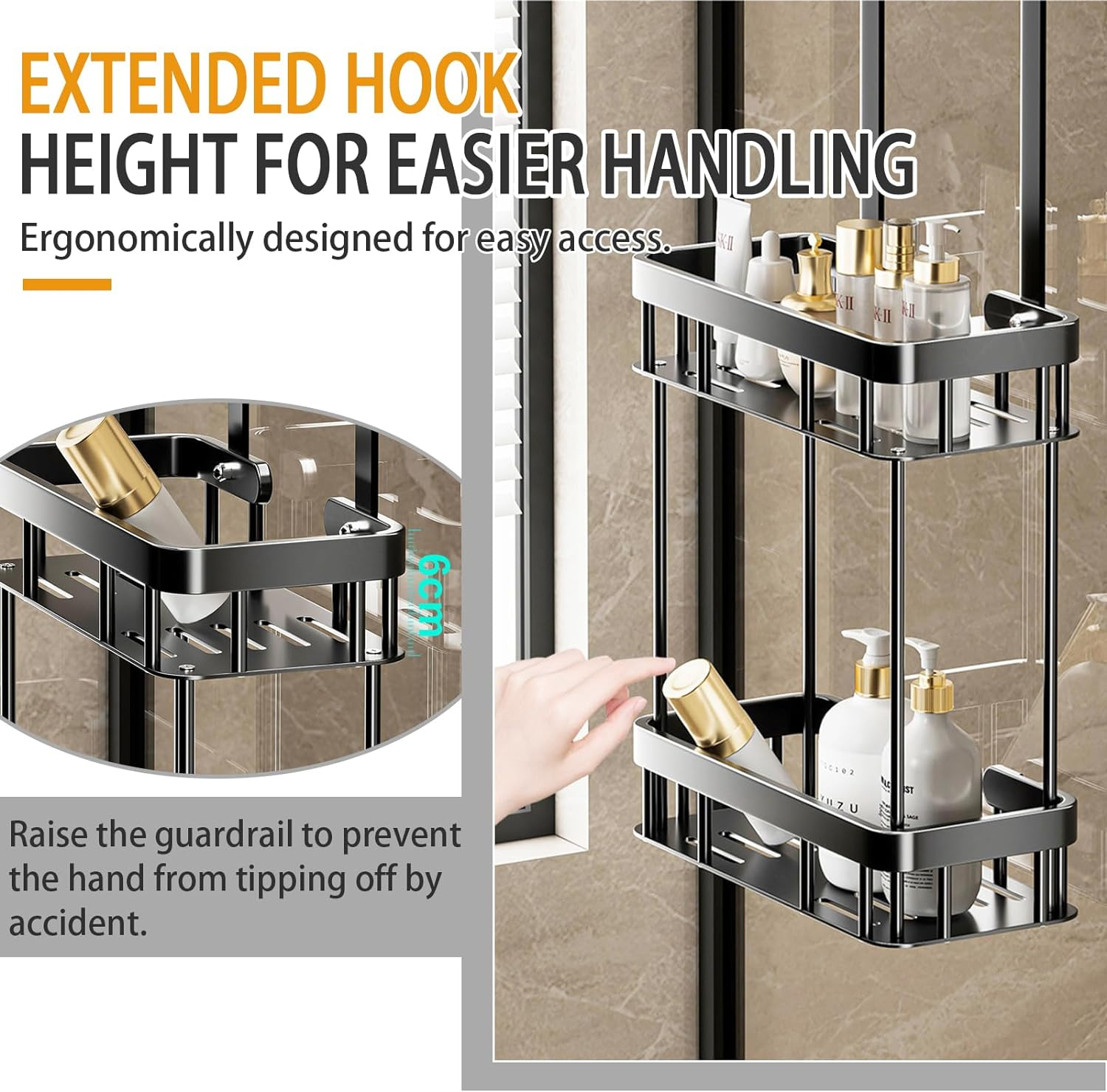 Over the Door Shower Caddy, 2 Tier Hanging Shower Caddy Shower Shelf, Metal Hanging Shower Organizer, Rustproof Bathroom Shower Storage Rack Basket, No Drilling, Black image number 1