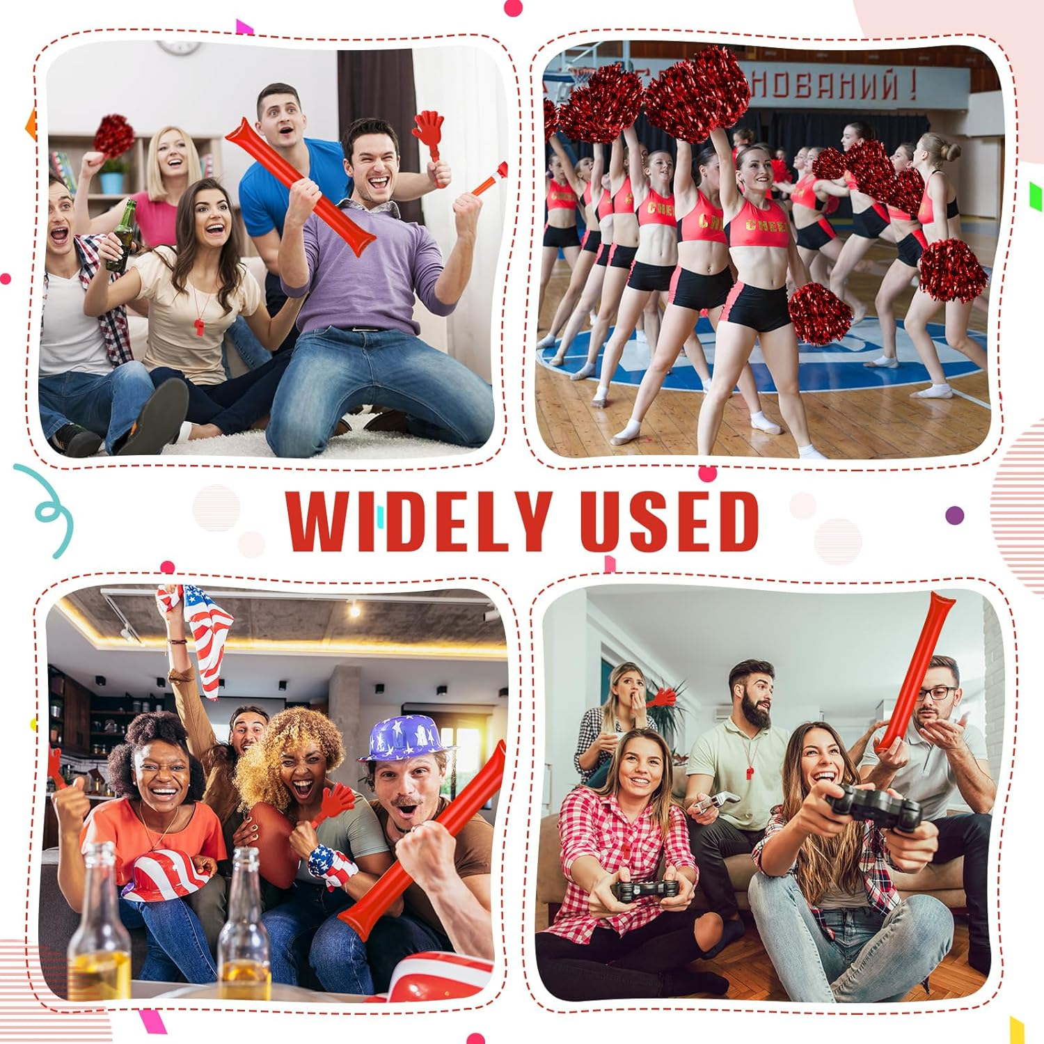 48 Pcs Cheerleading Pom Poms Thunder Sticks Hand Clappers Plastic Whistles with Lanyards Squawker Horns image number 3