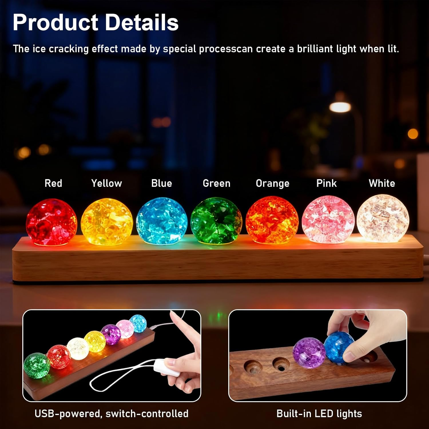 GBKDQQ 3D Crystal Ball Night Light, 7 Colours of Crystal Balls, USB 40 Mm Glass Ball with Wooden Base, Crystal Balls for Children'S Room, Boys, Girls, Bedroom Decoration and Gift image number 4