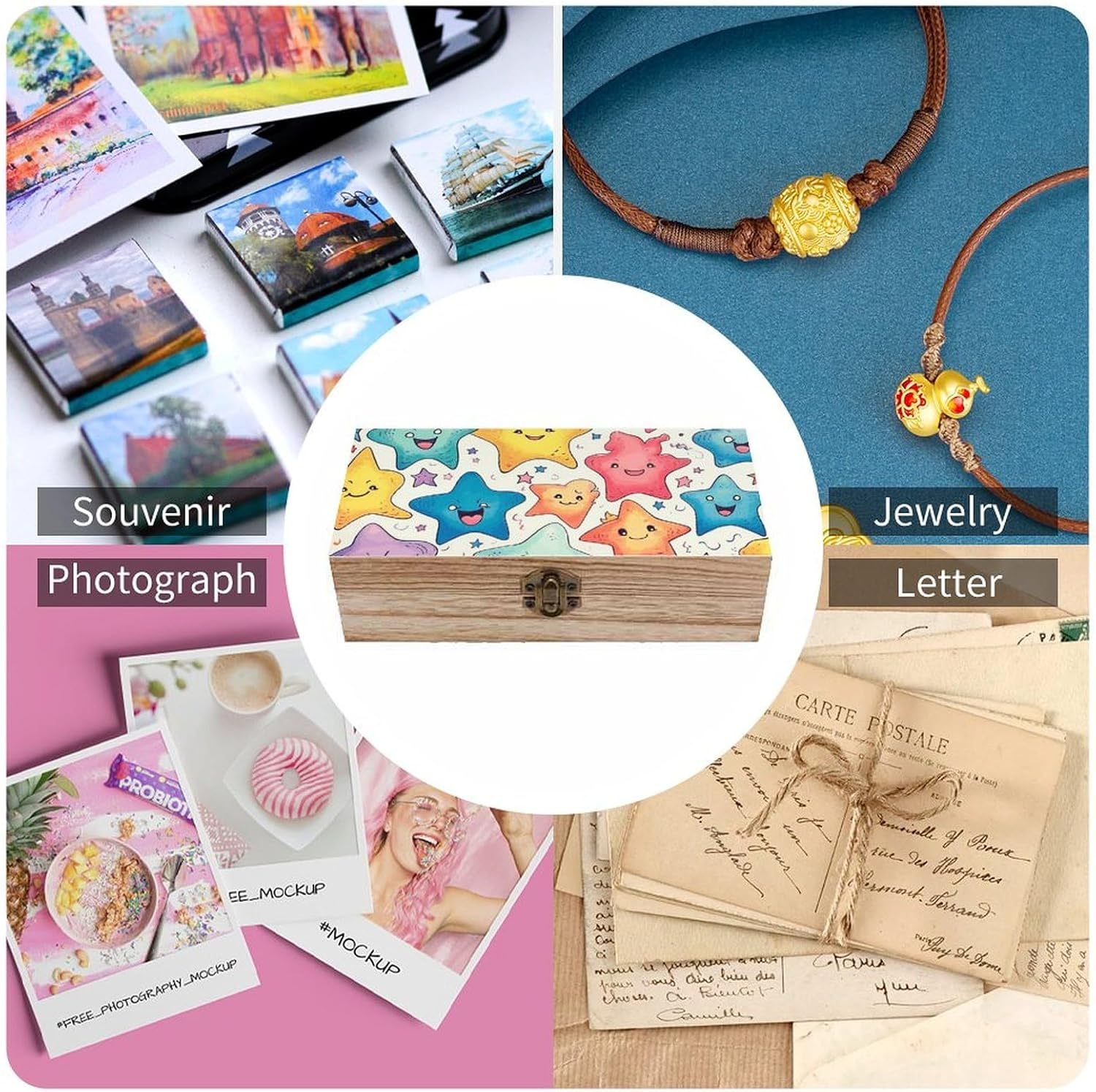 Colorful Stars Wooden Box Wood Wedding Keepsake Boxes with Lids Small Decorative Boxes Lightweight Wooden Memory Storage Box for Crafts Keepsakes Jewelry Photo Letter Storage