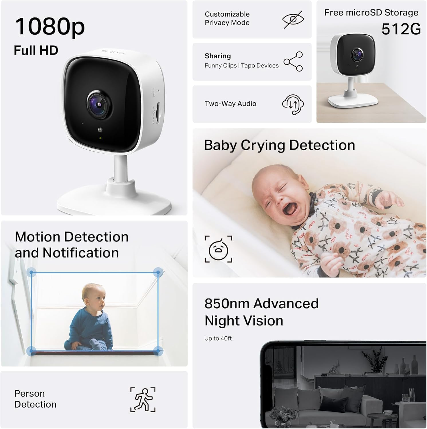 1080P Indoor Security Camera for Baby Monitor, Pet Camera W/Motion Detection, 2-Way Audio Siren, Night Vision, Cloud & SD Card Storage, Works W/Alexa & Google Home, C100 (US Plug) image number 6