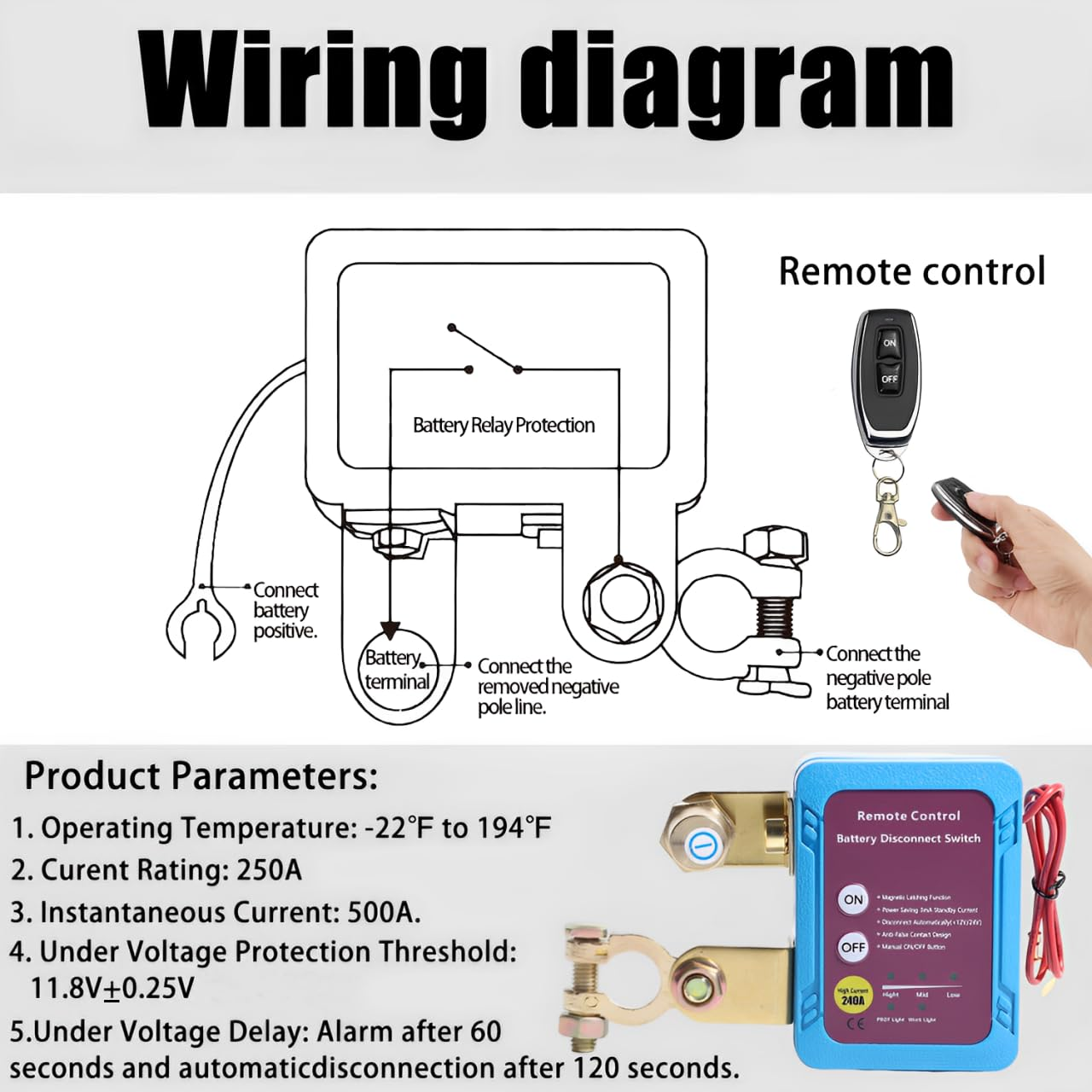 12V 250A Remote Battery Disconnect Switch Blue Kill Switch Auto Car RV ATV Truck Marine Boat image number 2
