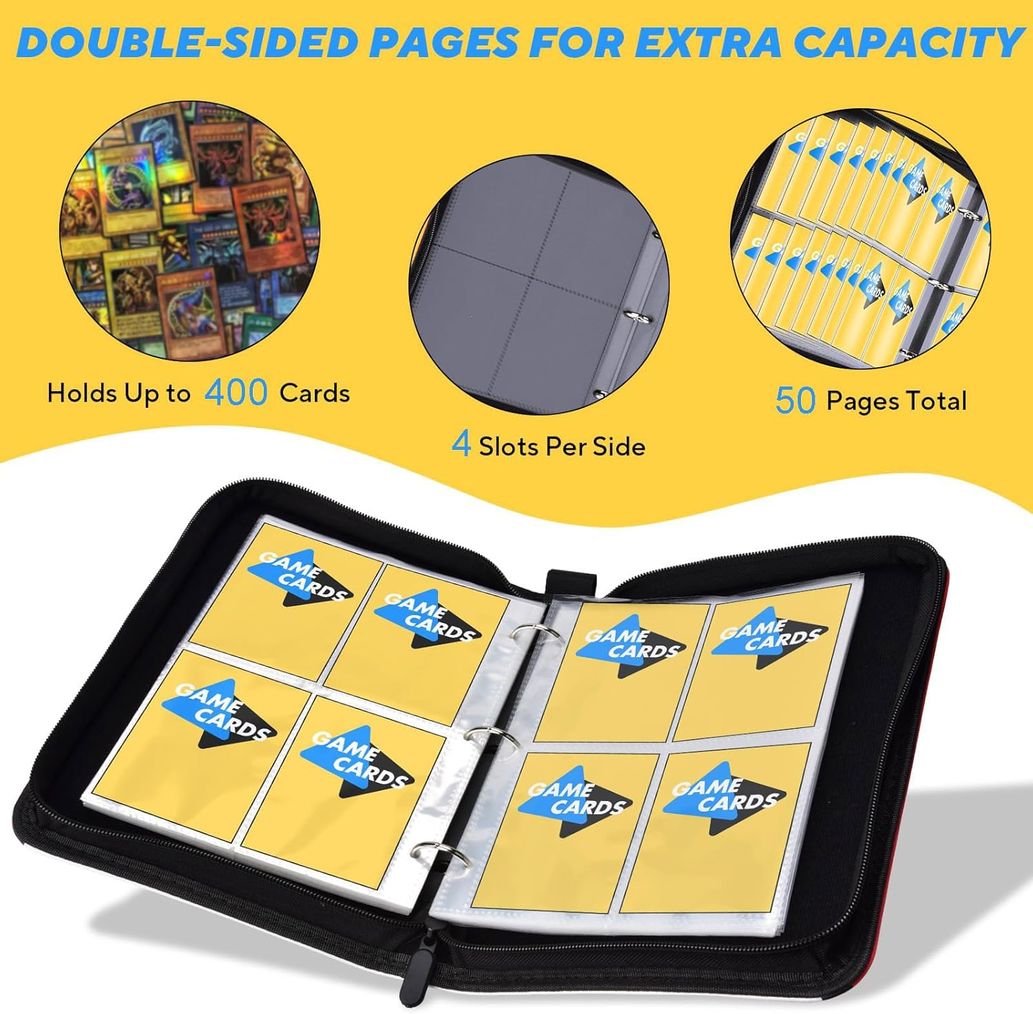 Portable 4-Pocket Trading Card Binder, Holds 400 Cards with 50 Removable Sleeves Baseball Card Binder, Compact Card Album Organizer for Game & Sports Cards image number 1