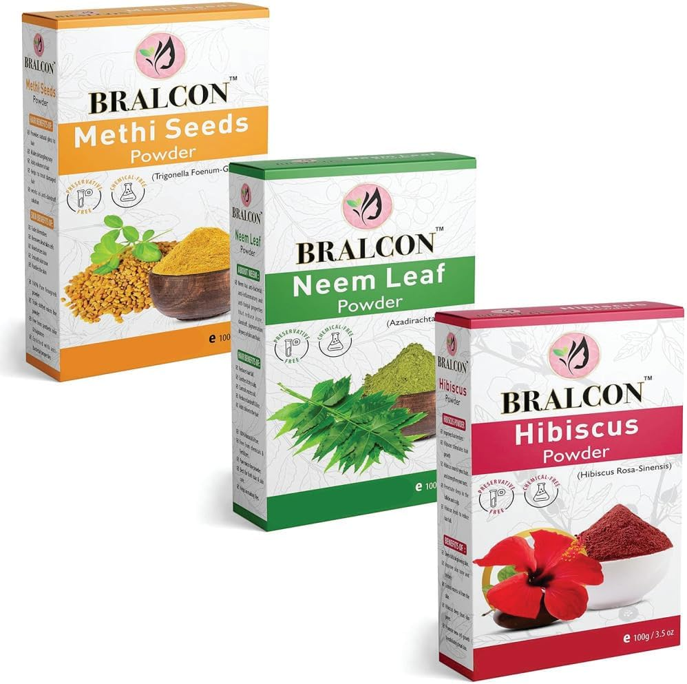 BRALCON Organic Methi, Neem, Hibiscus Flower Powder Combo-300G (100G X 3 Pack)|Fenugreek/Methi Seeds Powder, Neem Leaves Powder, Hibiscus Powder for Face, Skin Glowing| Hair Conditioning, Hair Growth image number 4
