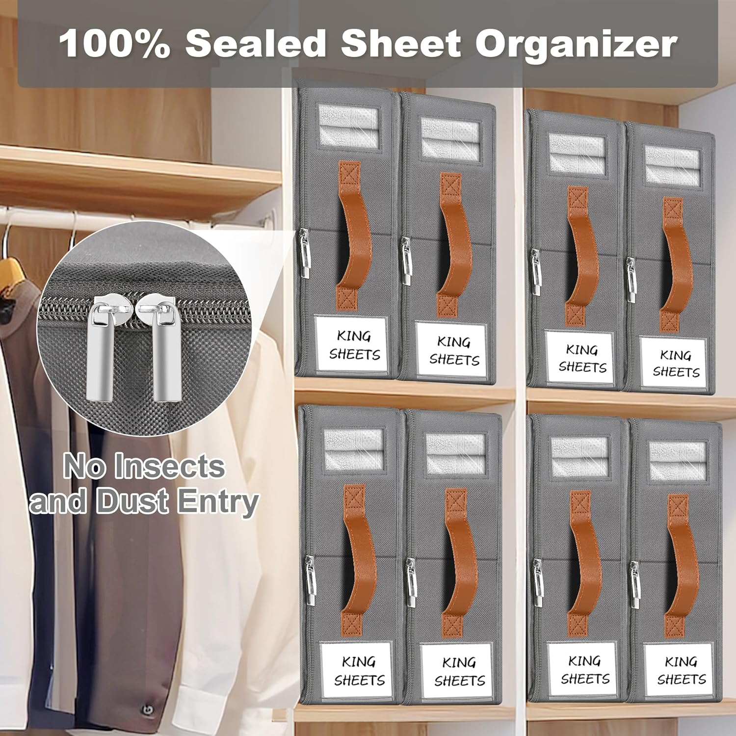 Kithero 4Pack Bed Sheet Organizer, Foldable Linen Closet Organizers and Storage with Sealed Design, Queen & King Size Sheet Storage with Window, Closet Organizer for Bedsheets/Blankets/Clothes, Grey image number 3