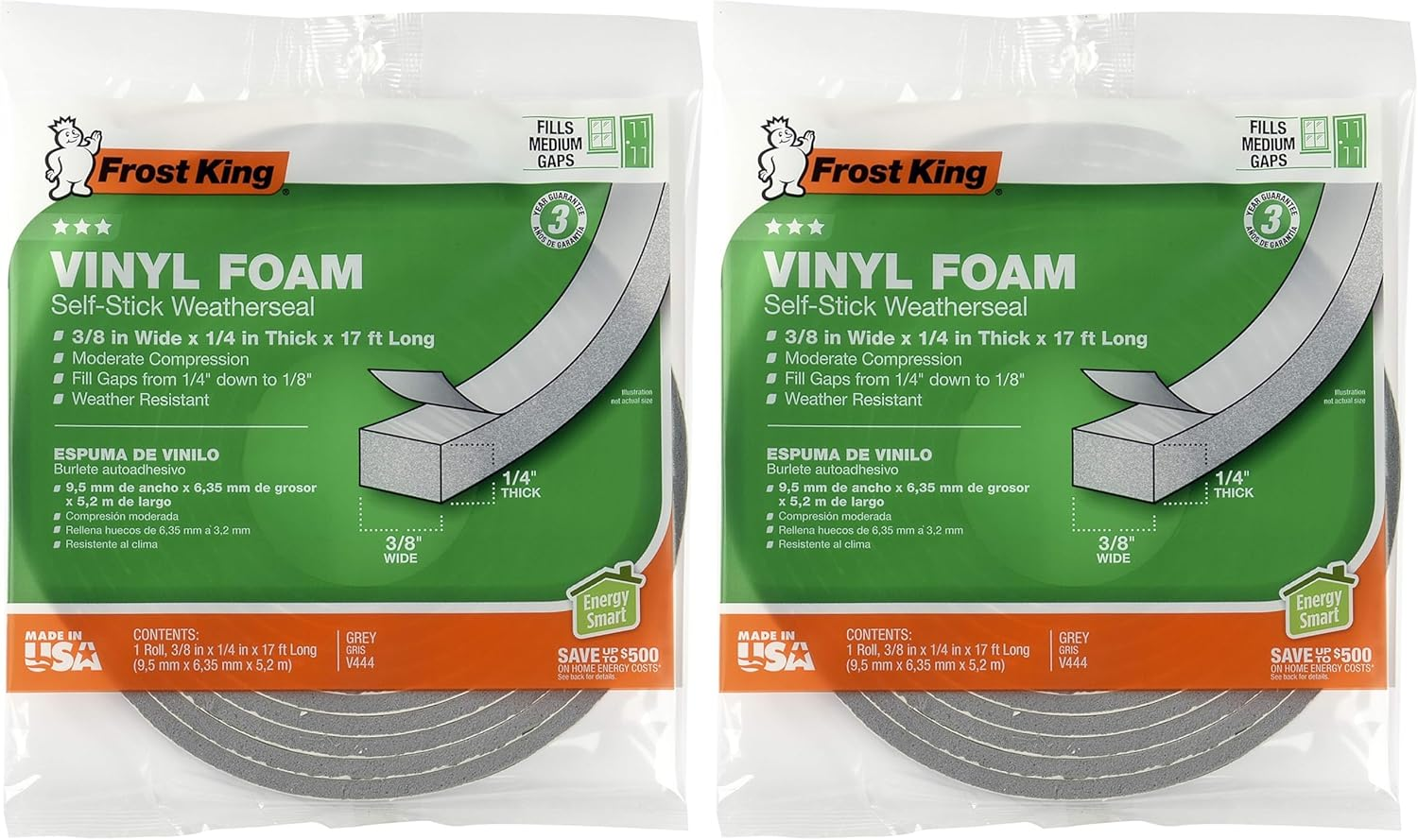 Frost King V734H Vinyl Foam Tape - Closed Cell - Moderate Compression, 3/4" W, 1/2" Thick, 10' L, Grey,Gray (Pack of 2) image number 5