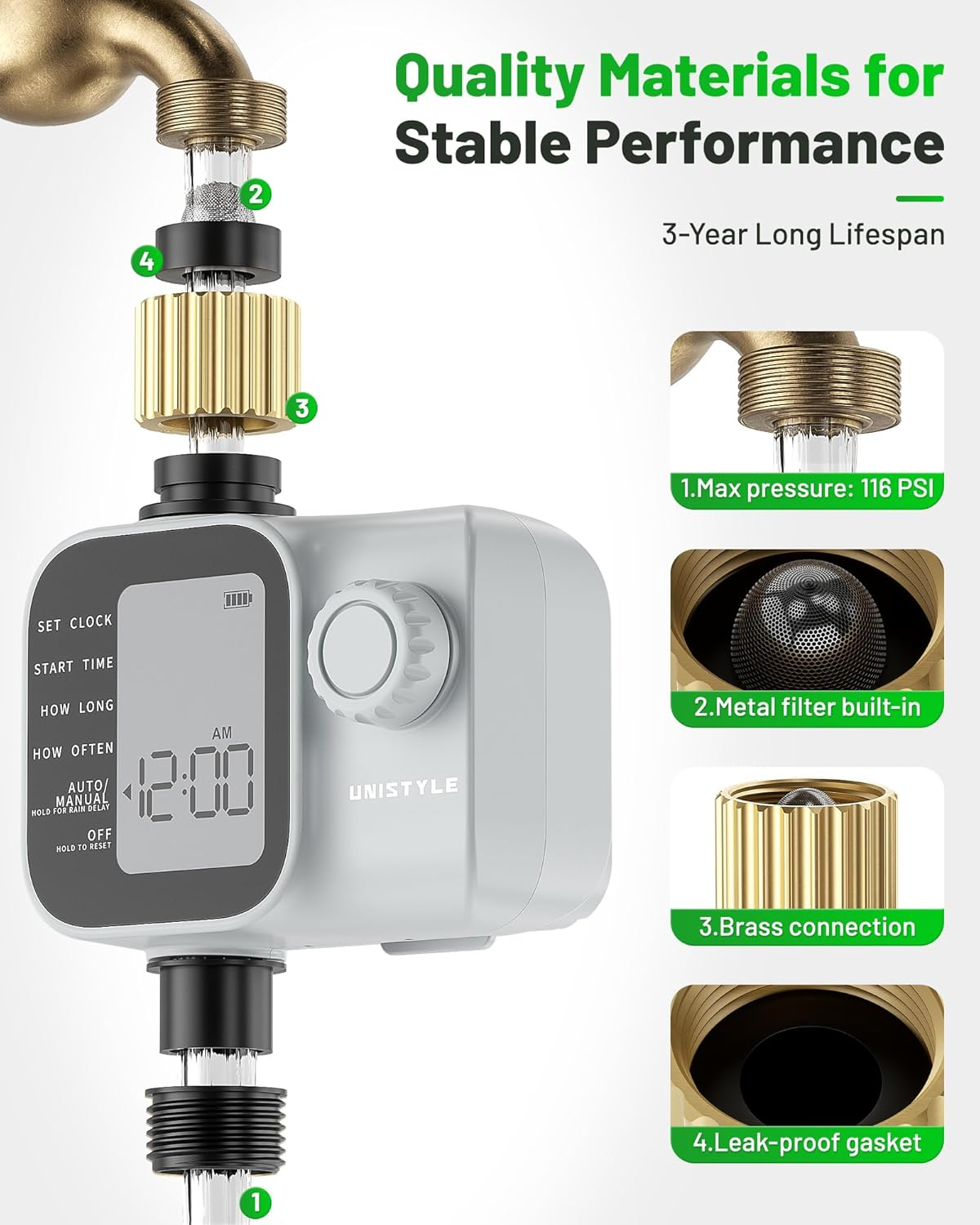 Water Timer, Sprinkler Timer with Industrial Brass Inlet, Easy to Set Up, Automatic/Manual/Delay Mode for Watering Hose, Programmable Garden Tap Irrigation System image number 3