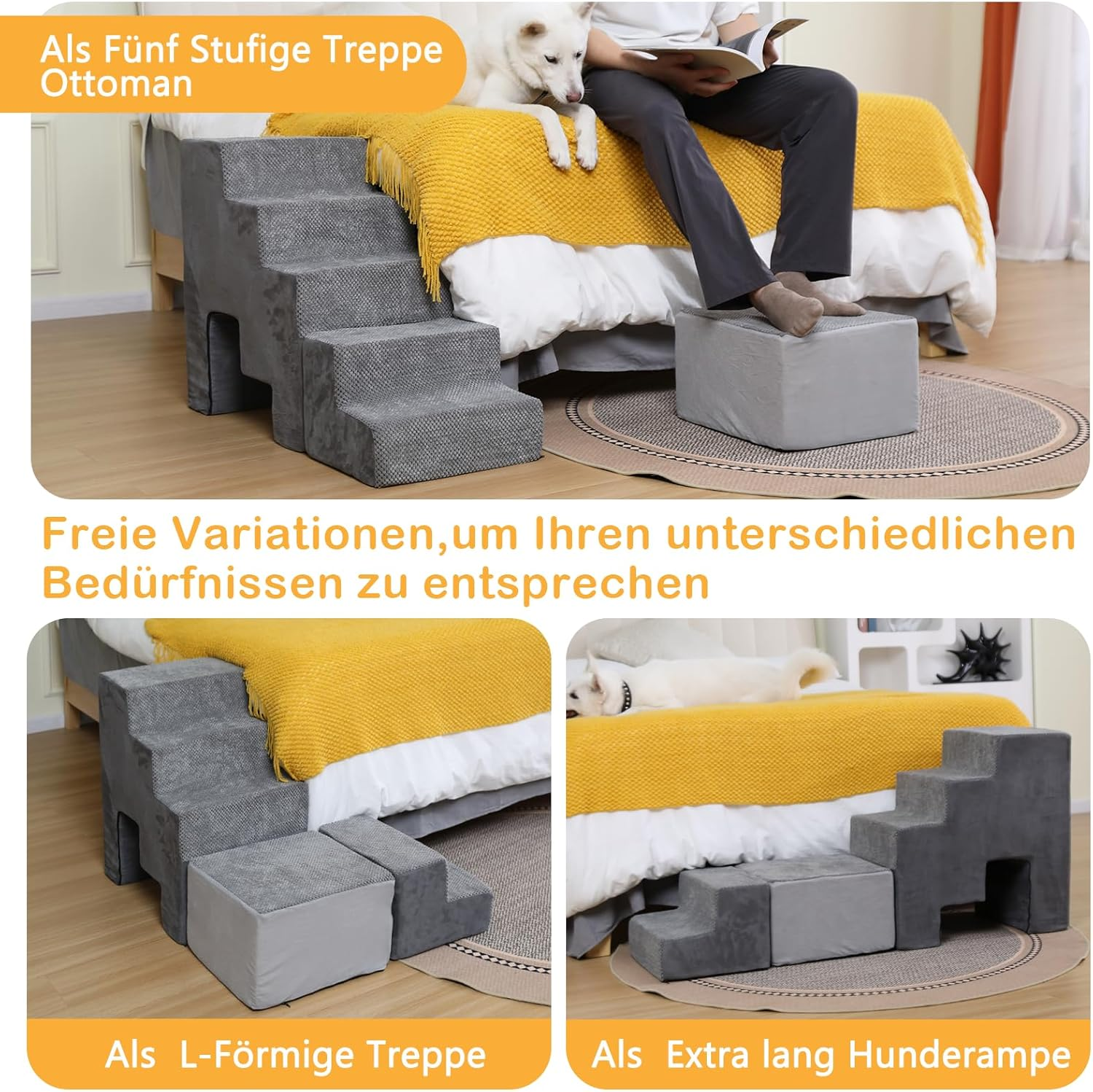 A.FATI Dog Stairs for Bed 60 Cm High, 5 Steps Dog Ramp for Box Spring Bed, Non-Slip Pet Stairs 60 Cm High for Small/Injured Dogs, Cats, Cat Stairs for Old Cats, Colour in Grey image number 4
