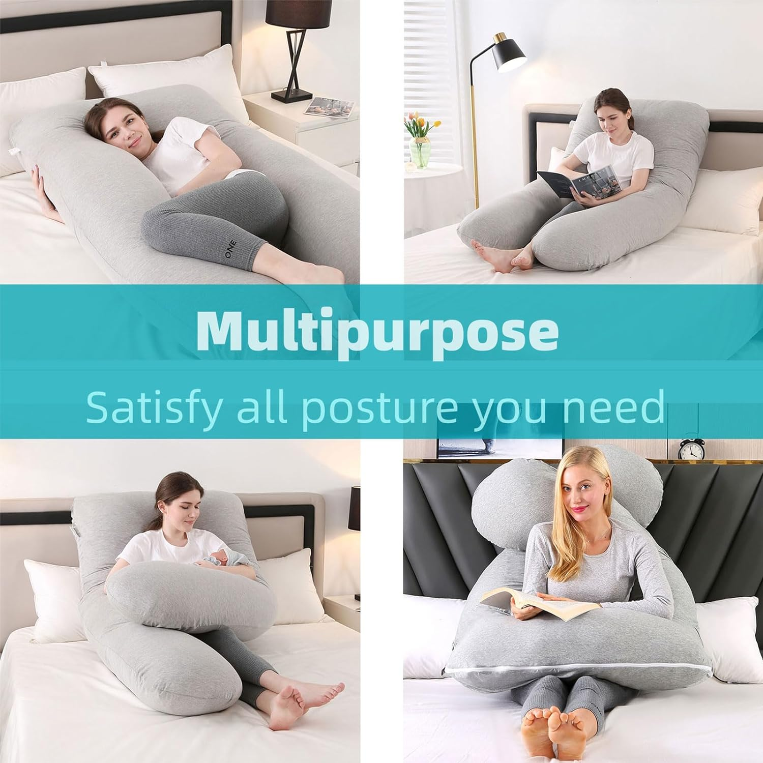 Pregnancy Pillow, Maternity Full Body Pillow for Back, Legs and Belly Support, U Shaped Full Body Pillow for Pregnant Women and Side Sleepers with Removable Cover (Knit Cotton, Grey)