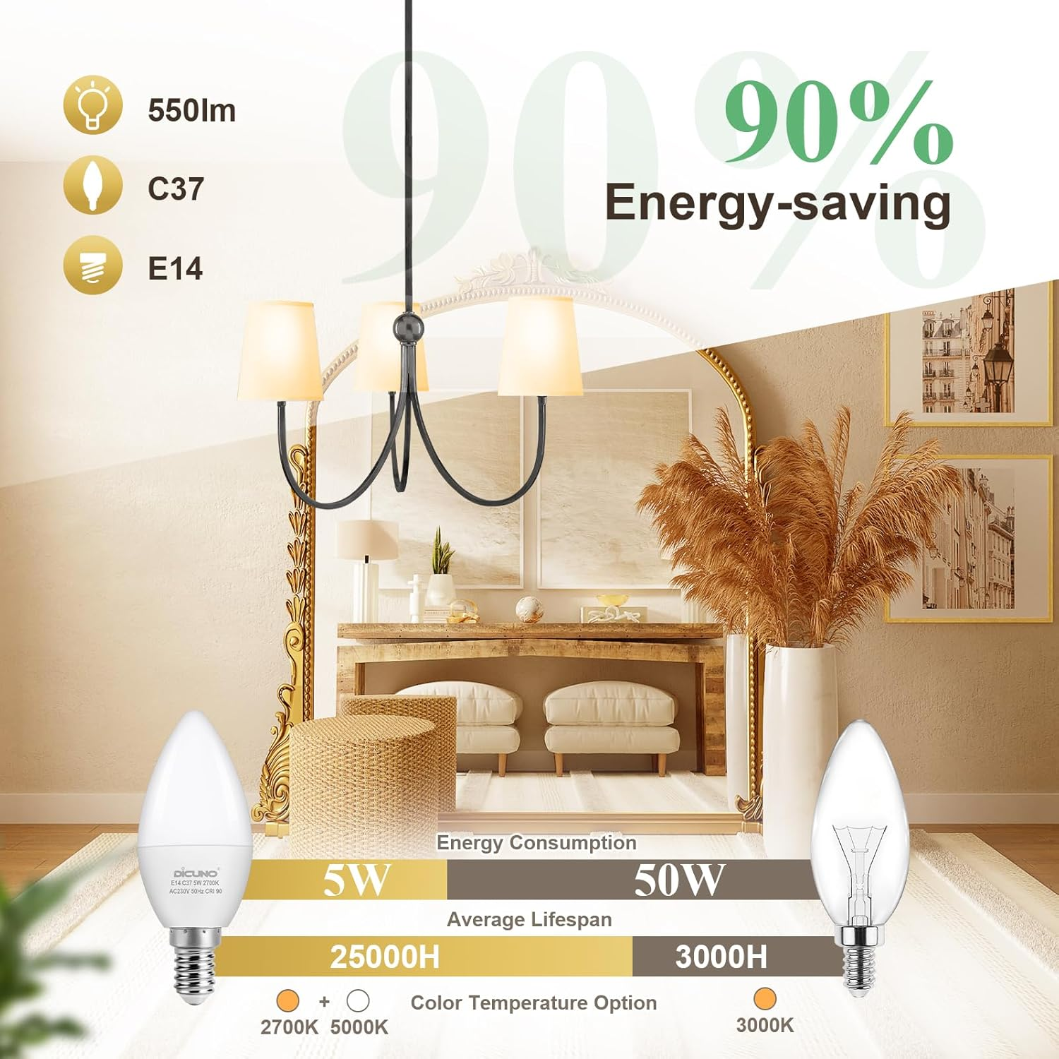 Dicuno E14 Bulb, 5W Small Edison Screw Candle Light Bulbs, 550LM, 50W Incandescent Equivalent, Warm White 2700K, CRI90, SES C37 E14 LED for Chandeliers, Pack of 6 image number 1