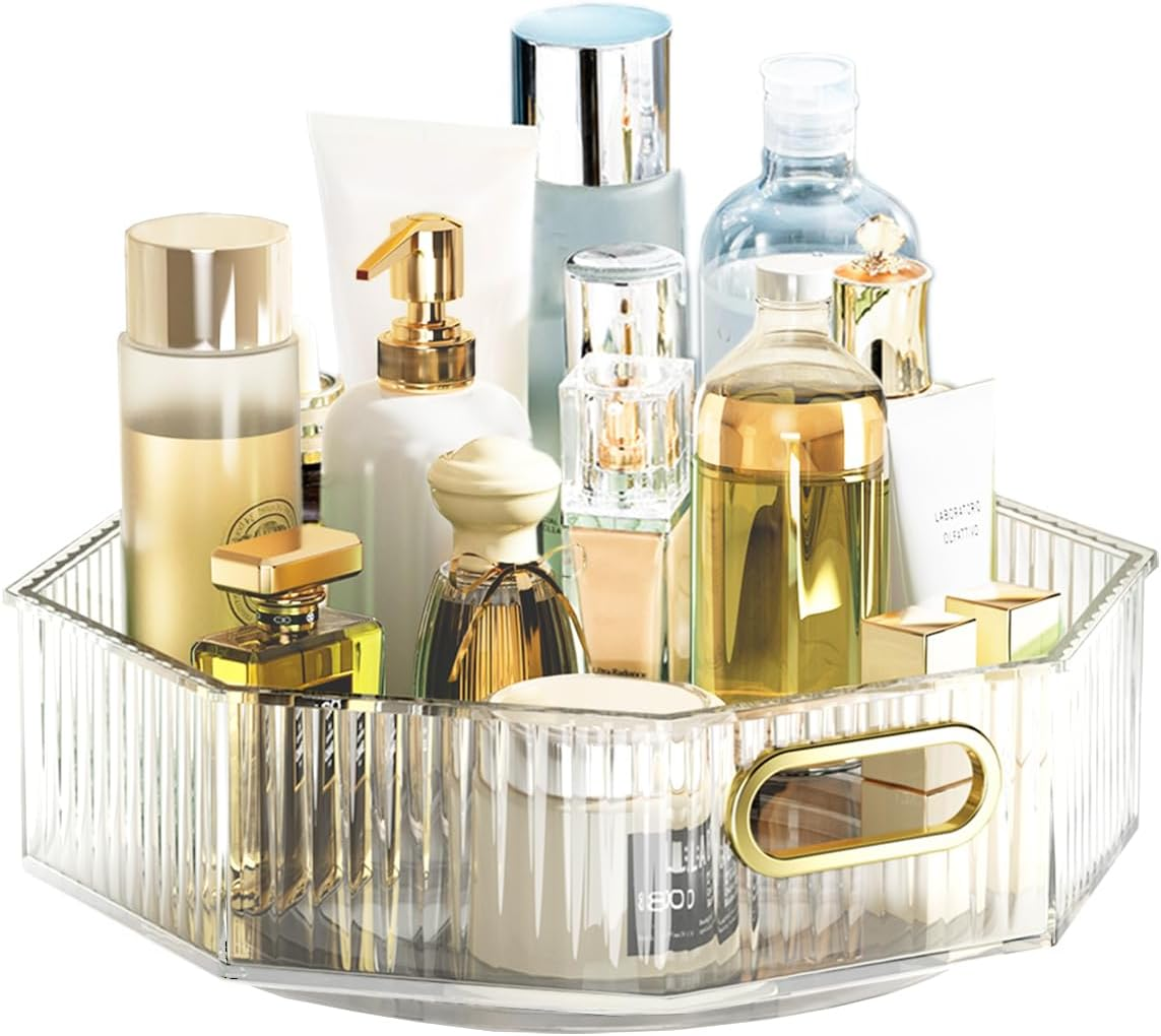 FOREVERIE Lazy Susan Turntable Organiser, 360 Degree Rotating Makeup Organisers, 11" Revolving Spice Rack Organizer for Kitchen, Clear Fruit Bowl Basket Tray for Household, White Clear image number 3