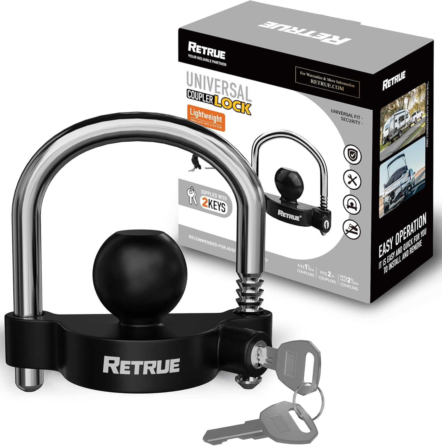 RETRUE Universal Coupler Lock Trailer Locks Ball Hitch Trailer Hitch Lock Adjustable Security Heavy-Duty Steel Fits 1-7/8 Inch, 2 Inch, 2-5/16 Inch Couplers, Black, Lightweight &hellip;