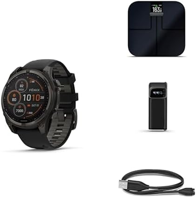 Garmin Fenix 8 Wellness Bundle - Fenix 8, 47Mm, Solar, Sapphire, Carbon Gray Titanium, Index&trade; S2, Black, Index BPM & Garmin USB-A Charging/Data Cable (0.5 M)