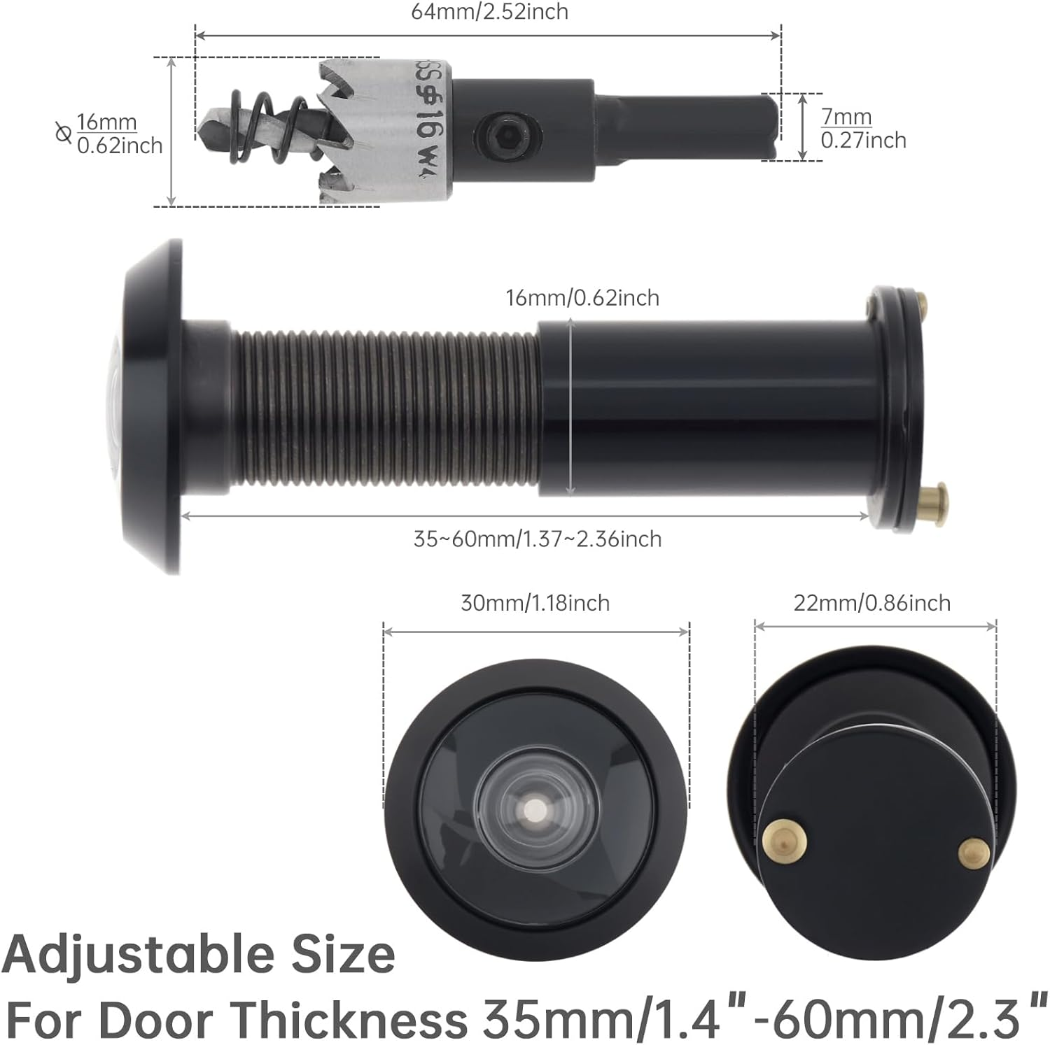 HOJLKLD Door Viewer Peephole,Solid Brass 200 Degree Peep Hole with 16 MM Drill Bit for 1-1/2" to 2-3/8" Doors,5/8 Inch Pipe Diameter Door Eye Viewer with Privacy Cover (1, Black) image number 3