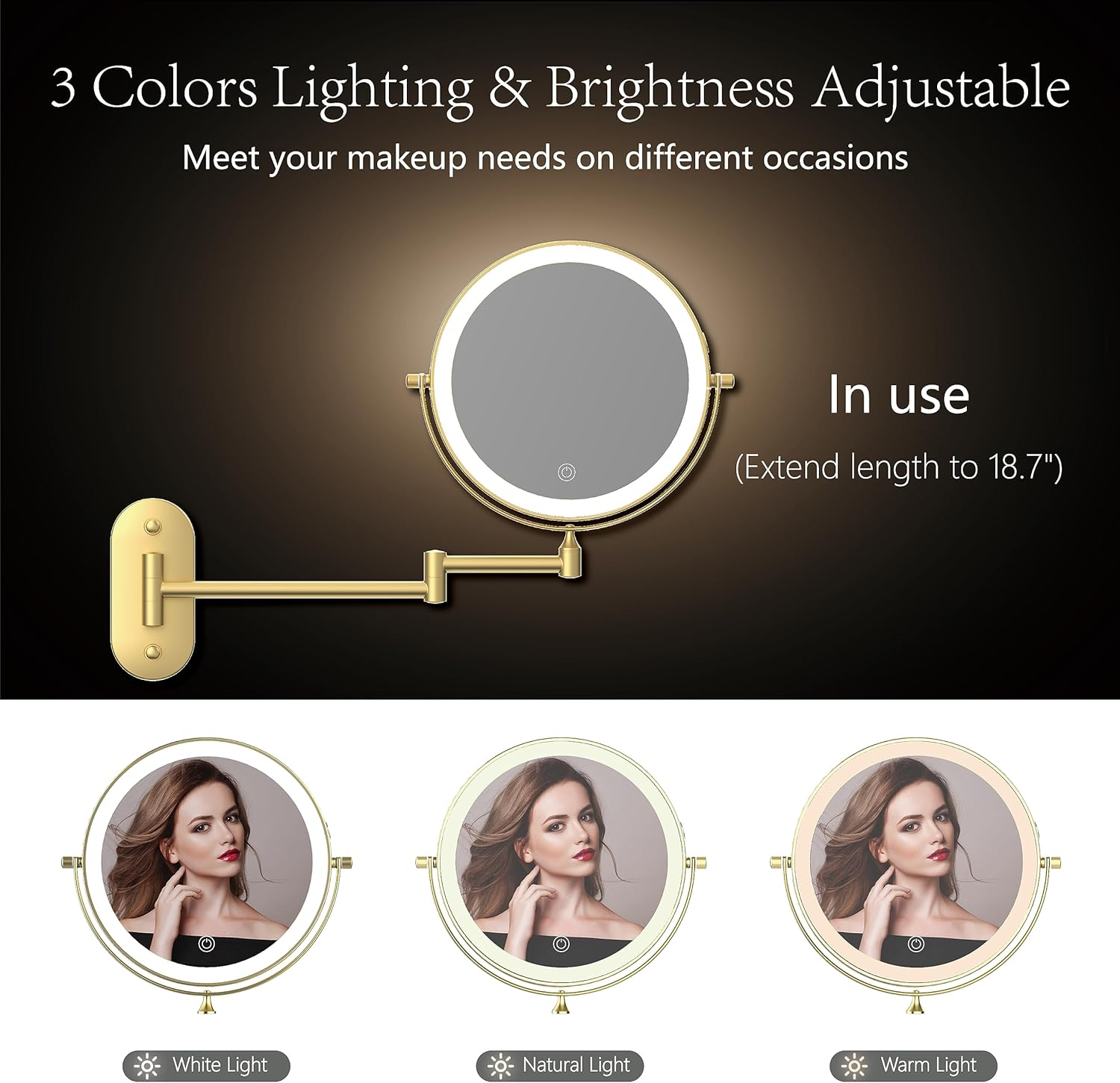 MIROAMZ Rechargeable Wall Mounted Lighted Makeup Vanity Mirror 8 Inch Double Sided 1X 10X Magnifying Bathroom Mirror, 3 Color Lighting, Touch Screen Dimming, 360 Rotation Shaving Mirror image number 5