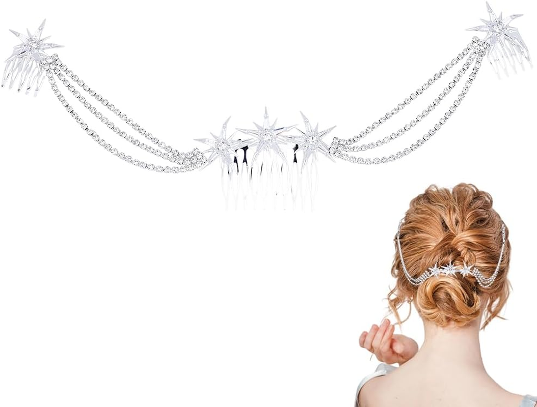 CABODYALS Silver Hair Comb with Multilayer Rhinestone and Star Fashionable Crystal Tassel Fringe Chain Tendrils Headpiece Heavenly Glitter Hair Clip Headband Jewellery for Women Wedding Party Outfi image number 3