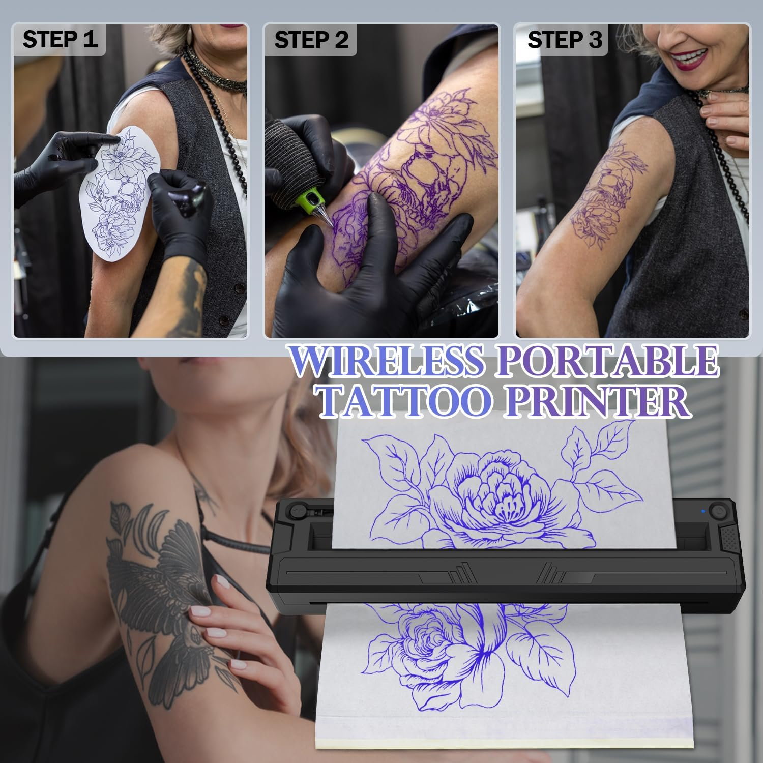M8 Wireless Tattoo Stencil Printer, Portable Bluetooth Thermal Tattoo Printer Application Custom Size&le; A4, Print Realistic Portraits Included, 10 Transfer Papers, Works for Phone/Tablet/Pc (Black) image number 5