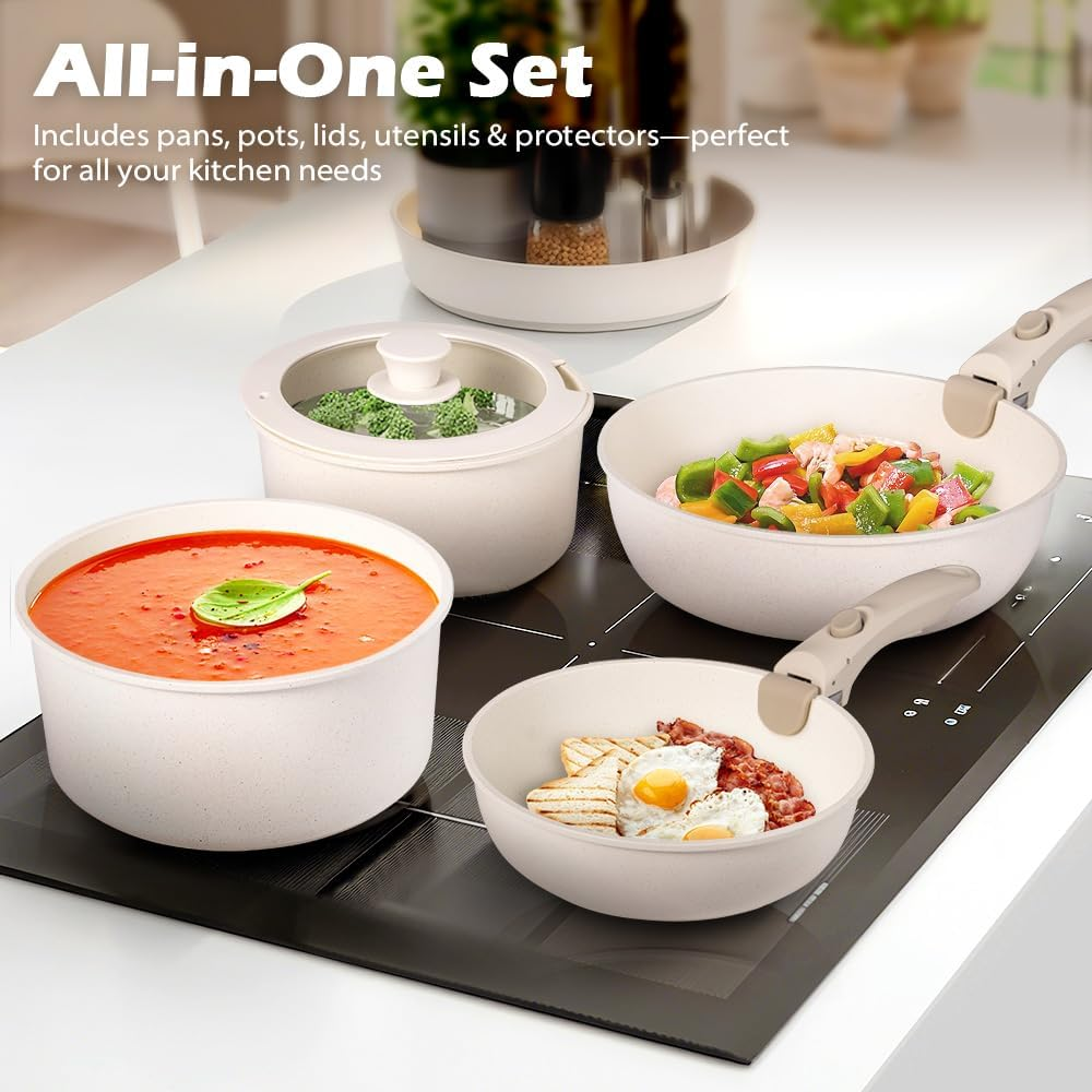 ZUNI 20Pcs Pots and Pans Set, Nonstick Cookware Sets Detachable Handle, Non-Toxic Kitchen/Rv Cooking Set with Frypan, Saucepan, Grill Pan, Dishwasher Safe, PFOA PFOS Free