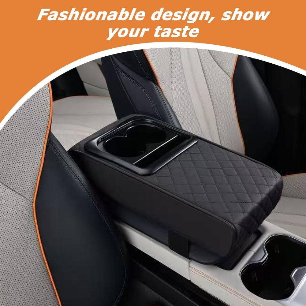 Car Armrest Cover, Universal Centre Console Leather Pads, Car Box Pad with Cup Holder and Organizer, Memory Foam Armrest Box for Vehicles, Auto Center Console Armrest Pillow Pad, Black image number 6