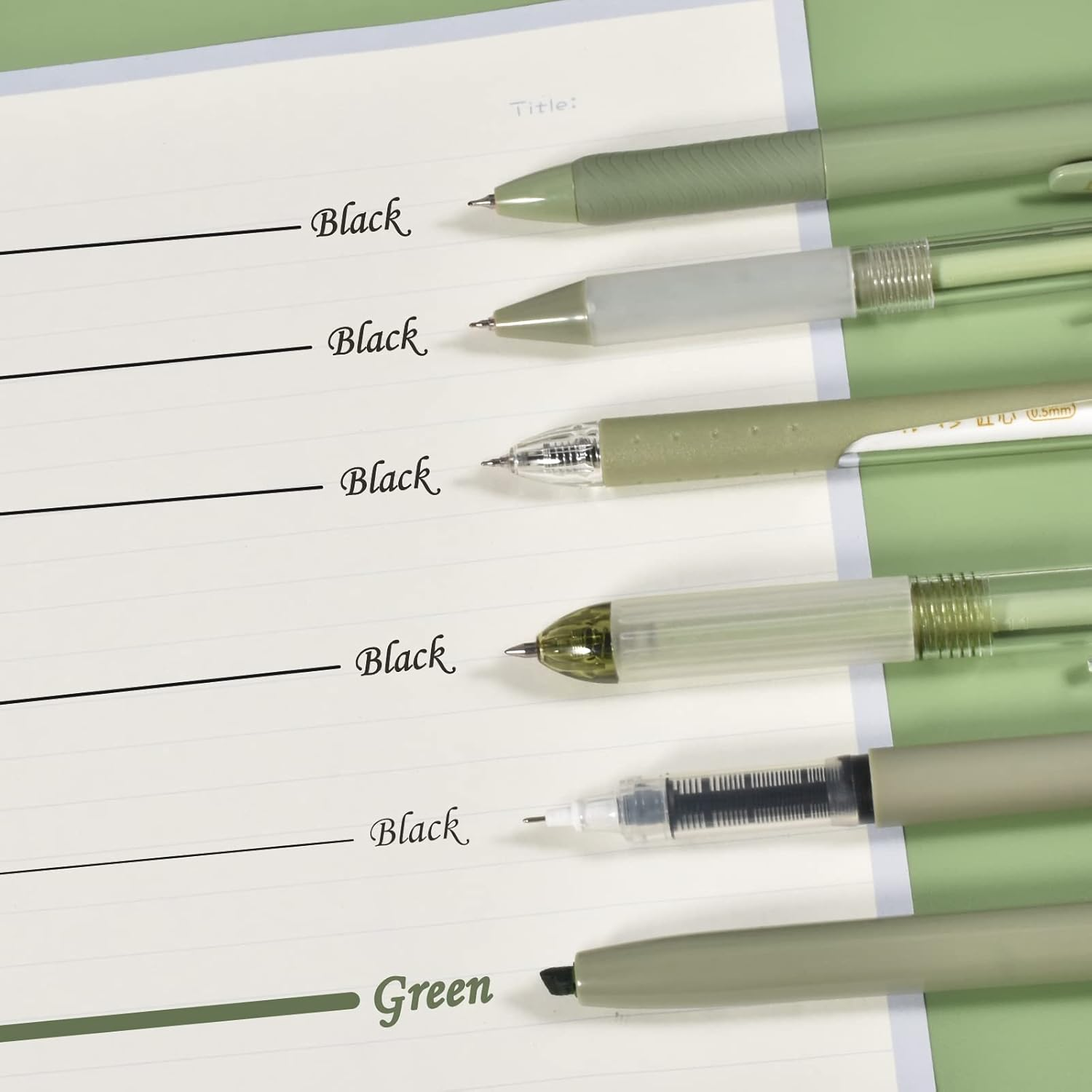 BAYTORY 5Pcs Gel Pens and 1Pc Highlighter, Quick Dry Ink Pen Fine Point Black 0.5Mm, Aesthetic Retractable Rolling Ball Pen Smooth Writing for Journaling (Green) image number 1