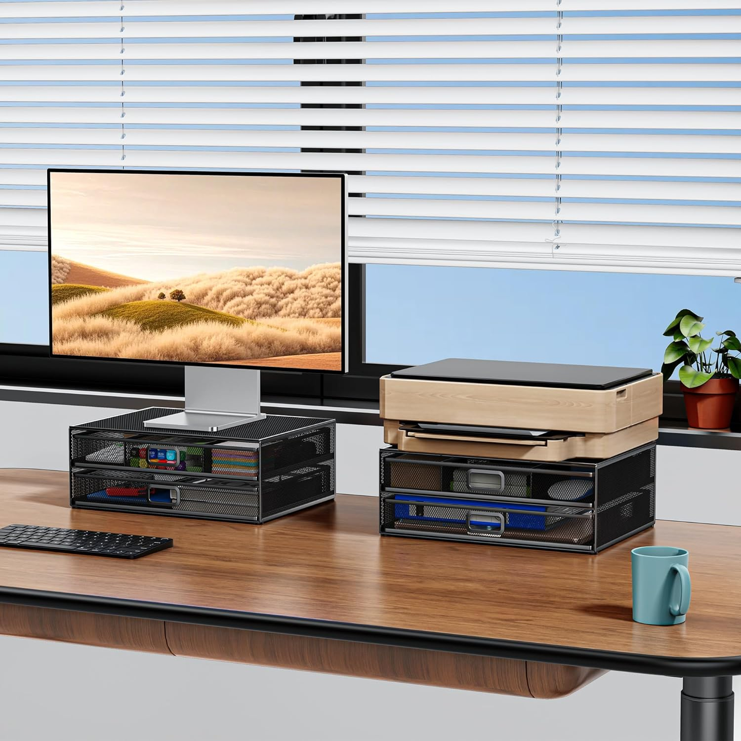 Auvo Metal Monitor Stand Riser with Two Drawers, AMS02 Computer Desk Organizer for Laptop, Computer, Imac, Black image number 1