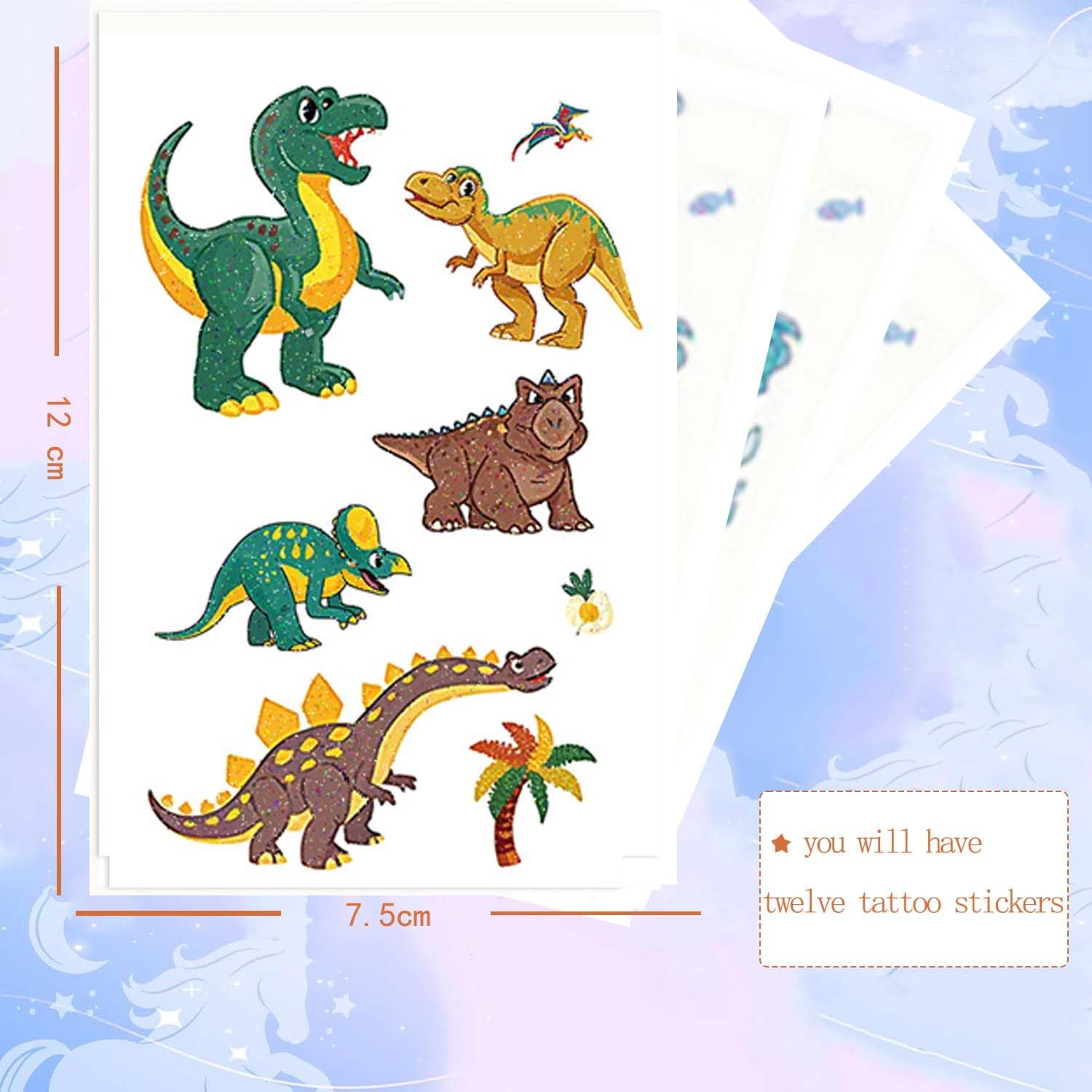 Palumma 12PCS Temporary Tattoo Stickers Set Fun Themed Body Art for Parties Costumes Creative Play Safe Waterproof Fake Tattoos for Dress up Decoration Butterfly(Dinosaur) image number 3