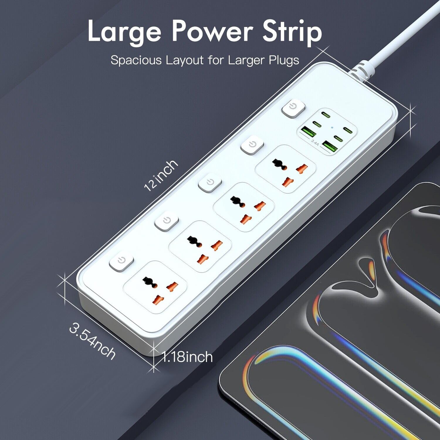 Extension Cable with USB Slots, 4-Way Sockets with 4 USB-C Ports and 2 USB Ports, 3250 W Single Switch, 1.8 M Extension Cable with Protected Power Strips, EU Multi Plug Adapter, White image number 1