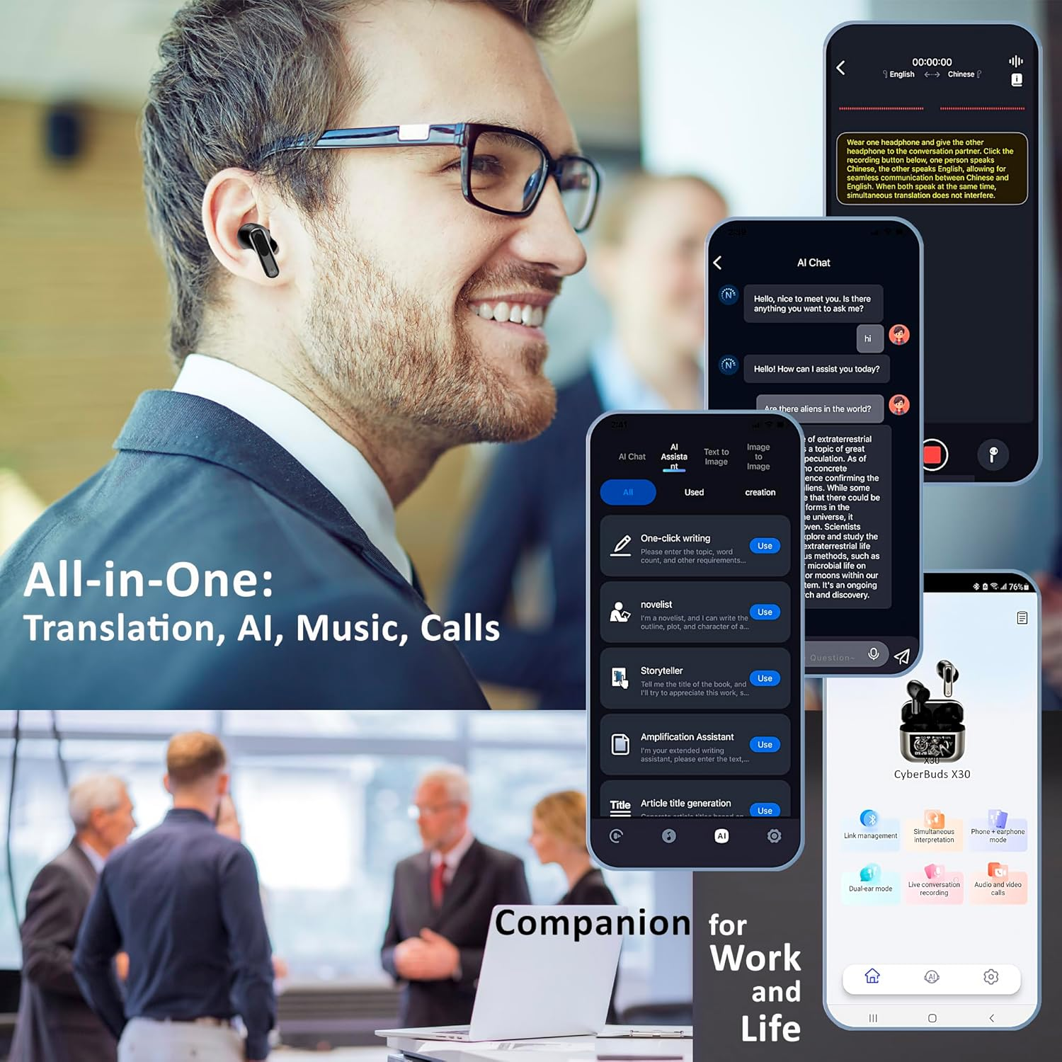 AI Earbuds with Openai&rsquo;S Chatgpt API, Real-Time 2-Way Translation in 144 Languages, Touch Display, ANC/ENC Noise Cancellation, Hi-Fi Drivers, Long Battery Life, No Subscription Needed, Ios/Android image number 1