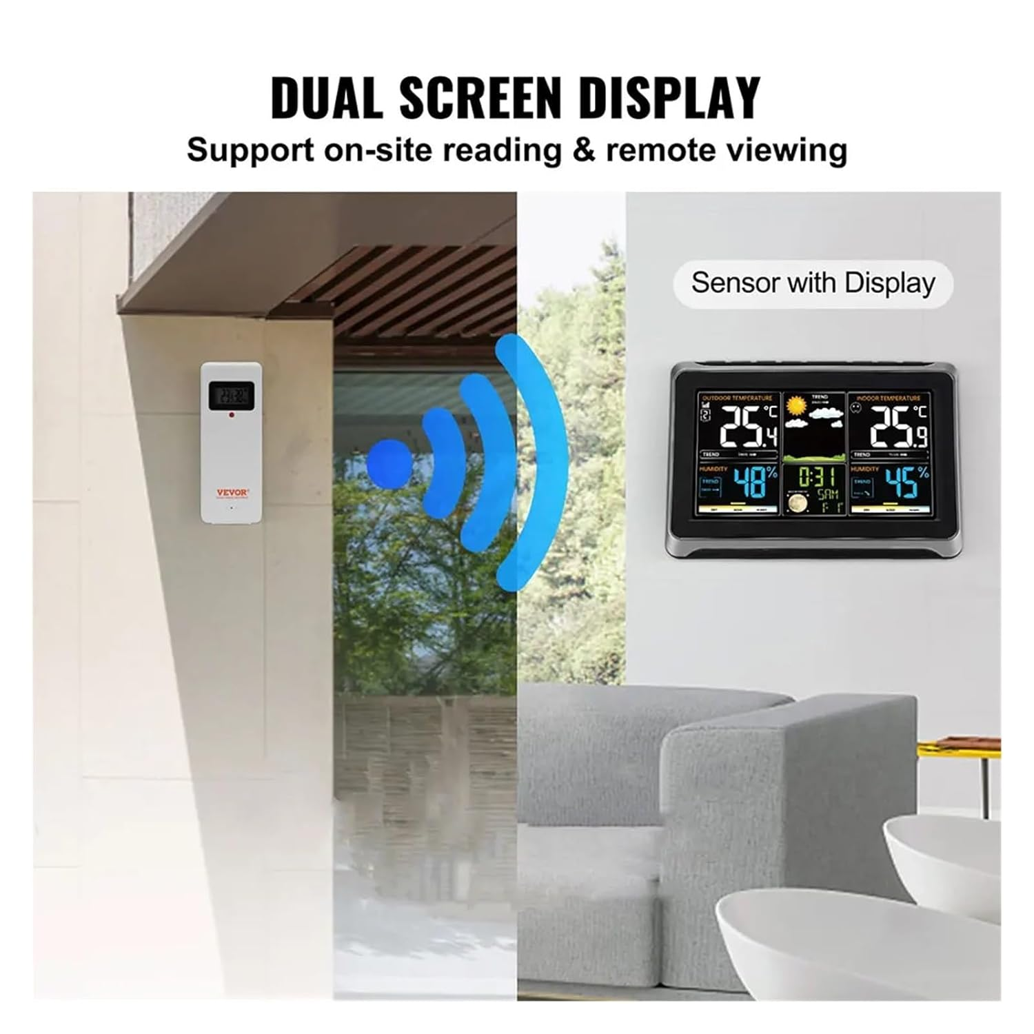 Weather Station Wireless Indoor Outdoor Thermometer, Color Display with Barometer, Calendar, Adjustable Backlight image number 1