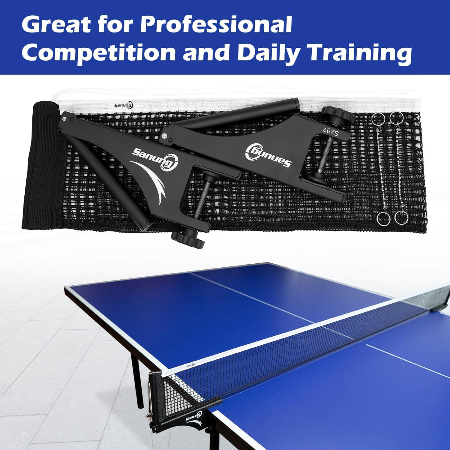 Sanung S207 Table Tennis Net and Post Set, Collapsible Ping Pong Mesh Net Clip with High Strength Grip Holder Adjustable Screw Clamp Post Kit for Professional Training Competition Game Playing image number 1