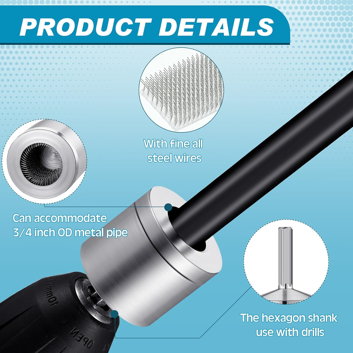 Tandefio 3/4" Metal Copper Pipe Cleaner with 2 Replaceable Brushes Tube Cleaning Brush for Power Drill for Professional Plumbers and Industrial Purposes image number 3