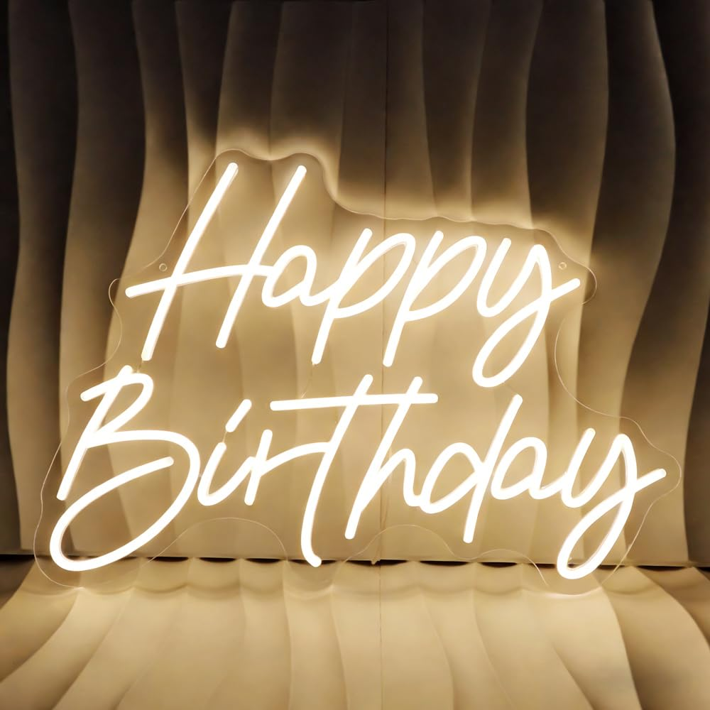 Happy Birthday Neon Sign for Backdrop Large Happy Birthday Light up Sign Warm White 21.65"*14.96" image number 1
