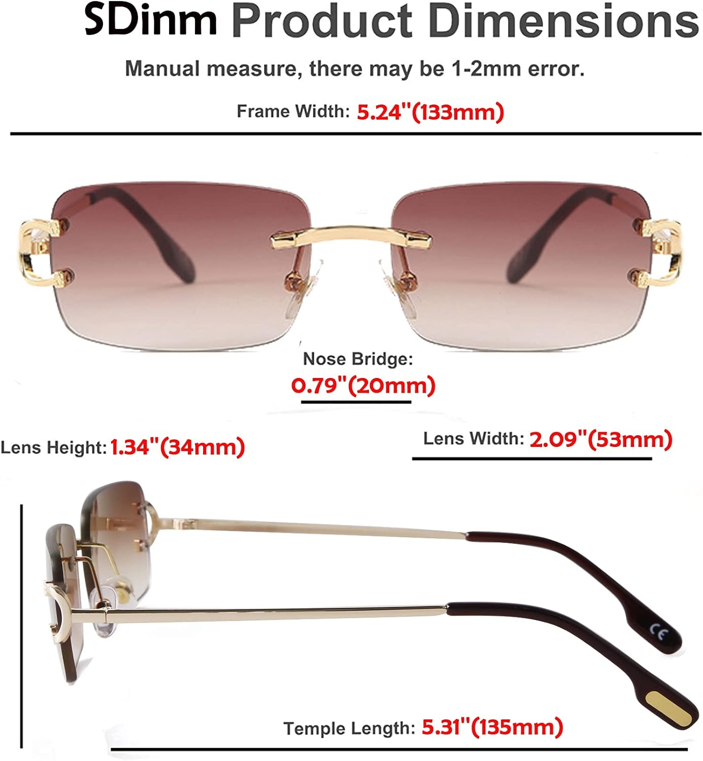 Sdinm Small Narrow Rimless Sunglasses Fashion Frameless Rectangle Tinted Lens Eyewear 90S Glasses for Women Men - 2Pc:Clear+Brown Gradient image number 6