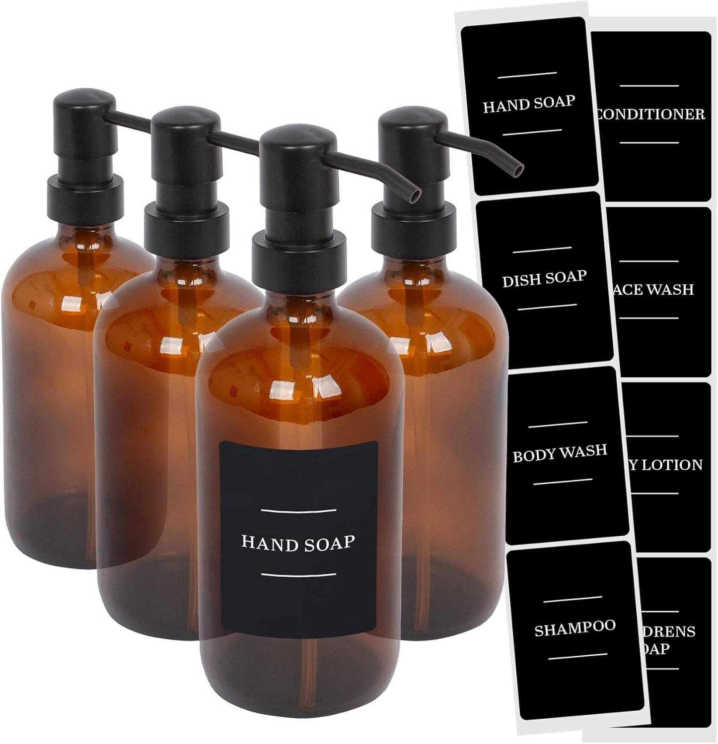 Harbour Housewares Glass Soap Dispensers with Labels - Amber/Black - 4 Pack - 500Ml Refillable Soap Dispensers Hand and Dish Liquid Pump for Bathroom, Kitchen, Laundry Room