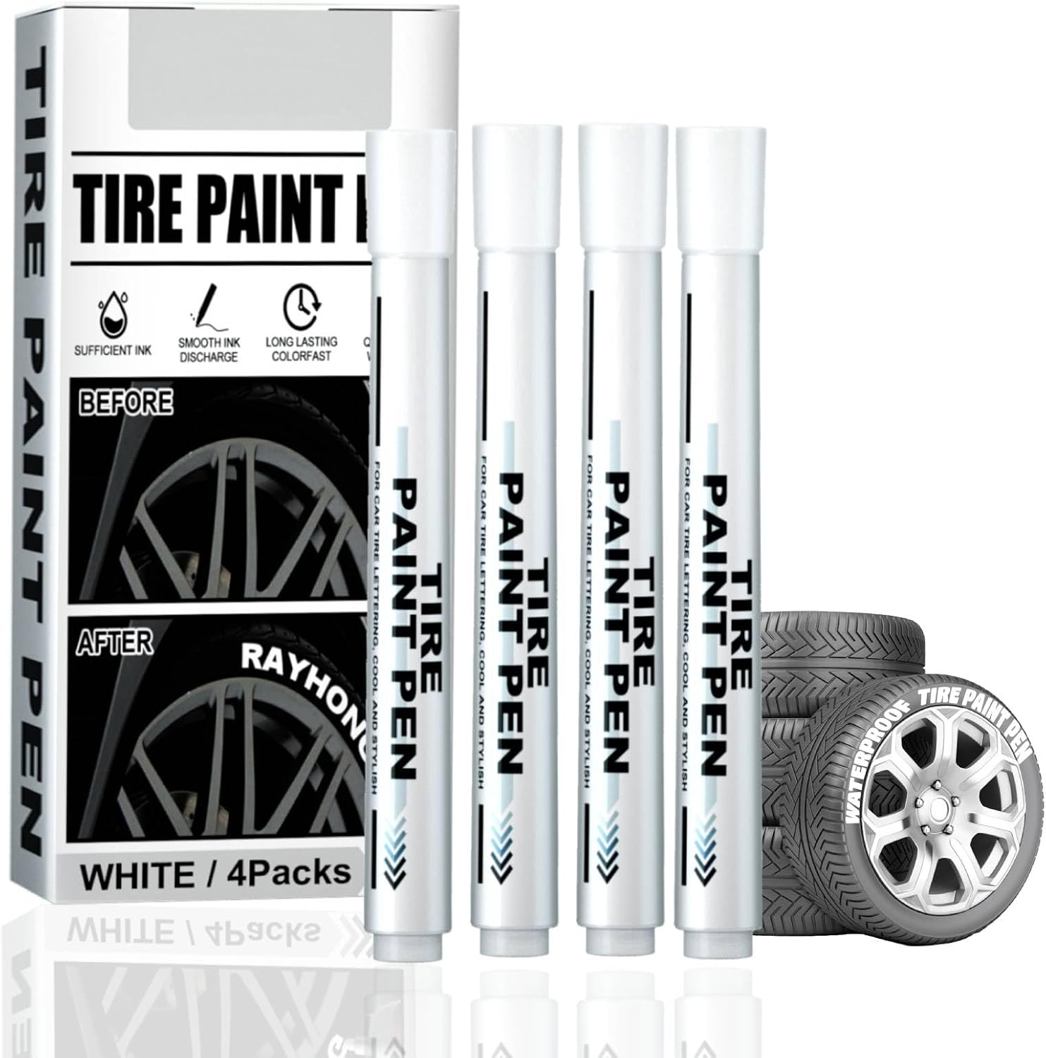 White Car Tyre Marker Pen, 4 Pieces, Fine Tip, Waterproof, Letter Print, 0.3Mm, Alcohol Ink Base, Tire Pen image number 1