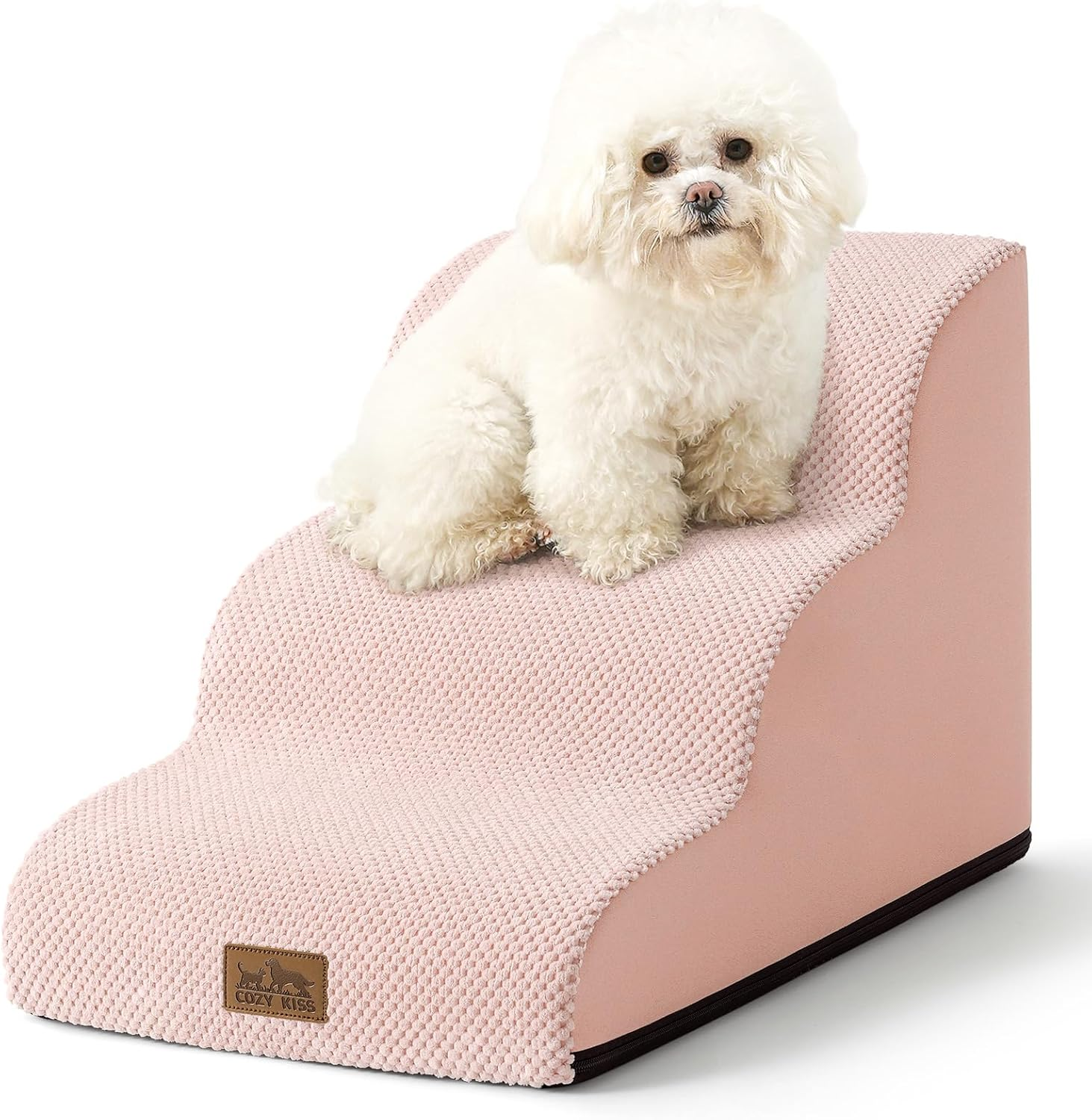 COZY KISS Dog Stairs for Small Dogs 15.7" H, Curved Dog Step for Puppy, Older Cat, Medium Pet Ramp for Sofa, Couch or Bed, Ladder with High Density Foam, 15.7X22.4X15.7 Inch, 3 Step, Pink image number 5