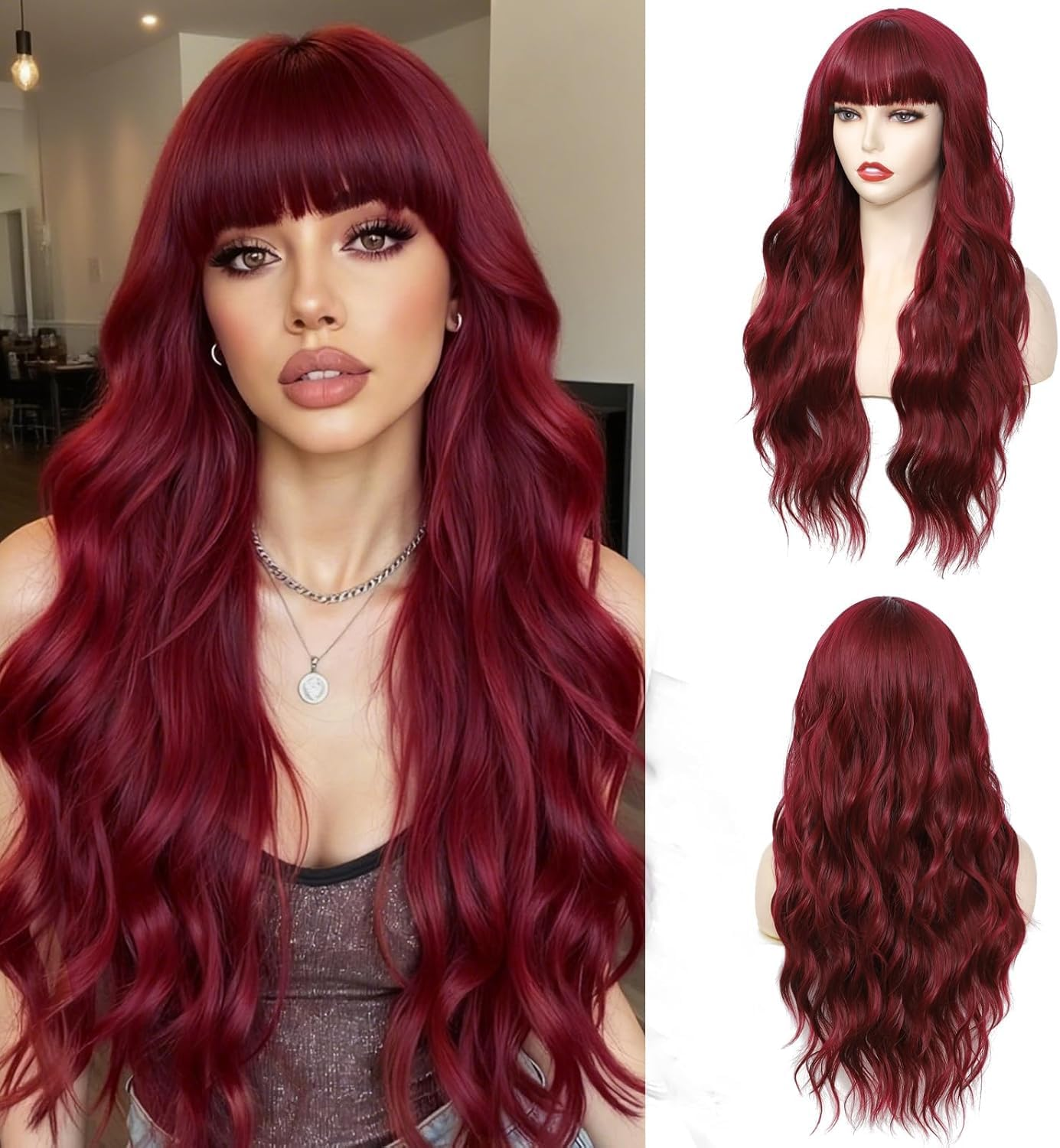 26 Inch Long Burgundy Wig with Bangs for Women, 26 Inch Heat Resistant Synthetic Fiber, Natural Looking Red Wavy Hair - Weidllys image number 2