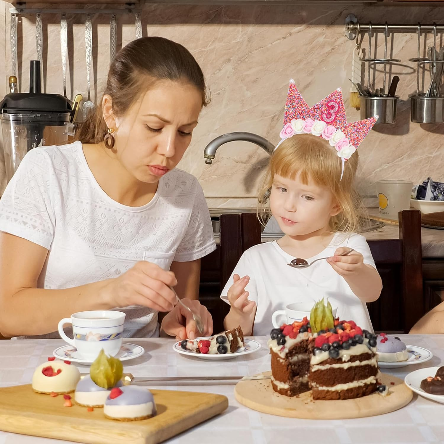 3Rd Birthday Crown Headband Glitter Flower Birthday Decoration Princess Birthday Girl Tiara Elastic Bling Party Accessories 3 Year Old Hair Band Photo Prop
