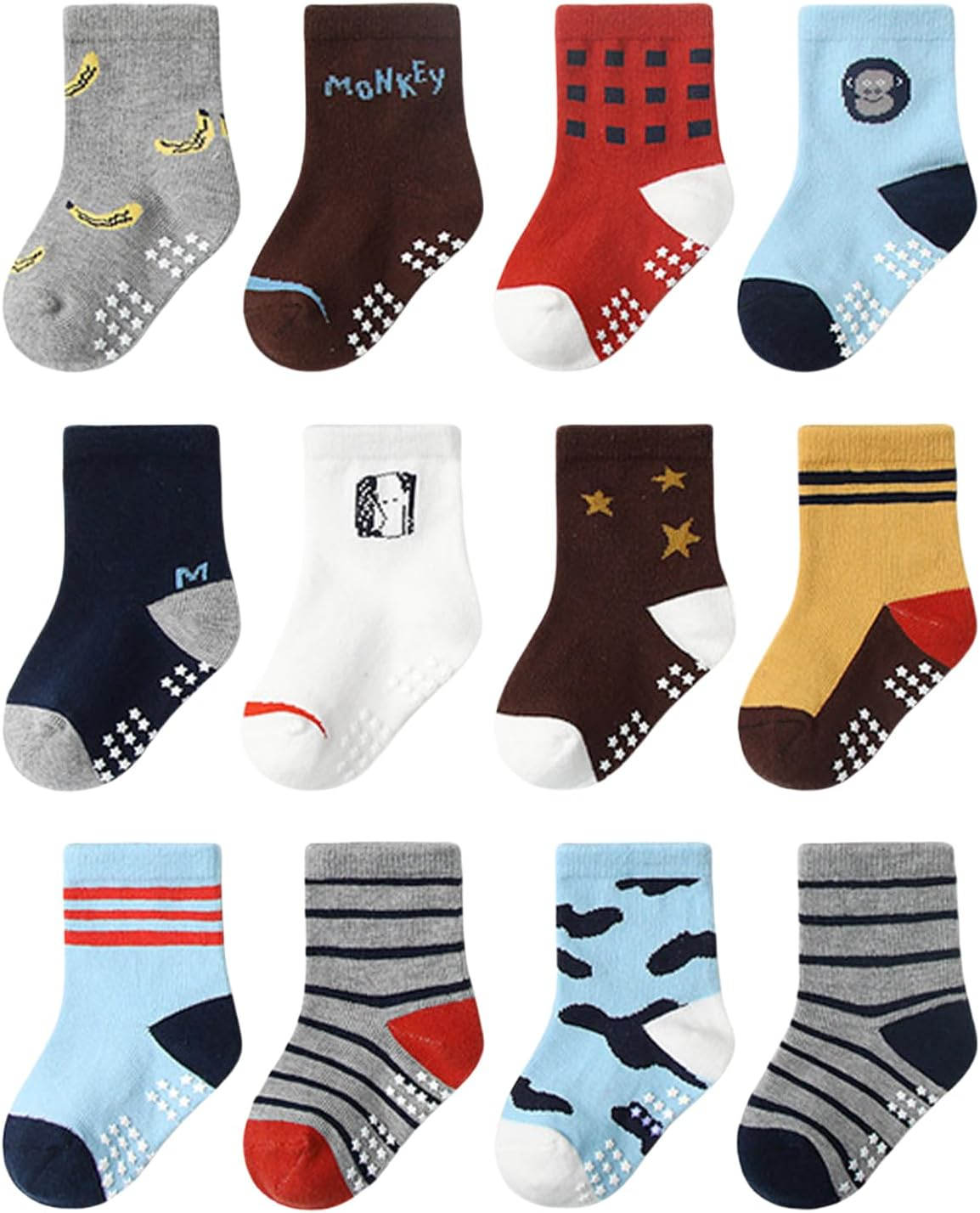 12 Pack Baby Non Slip Socks, Toddlers Kids Soft Cotton Crew Socks with Grippers Non-Skid Ankle Socks for Boys Girls Infant