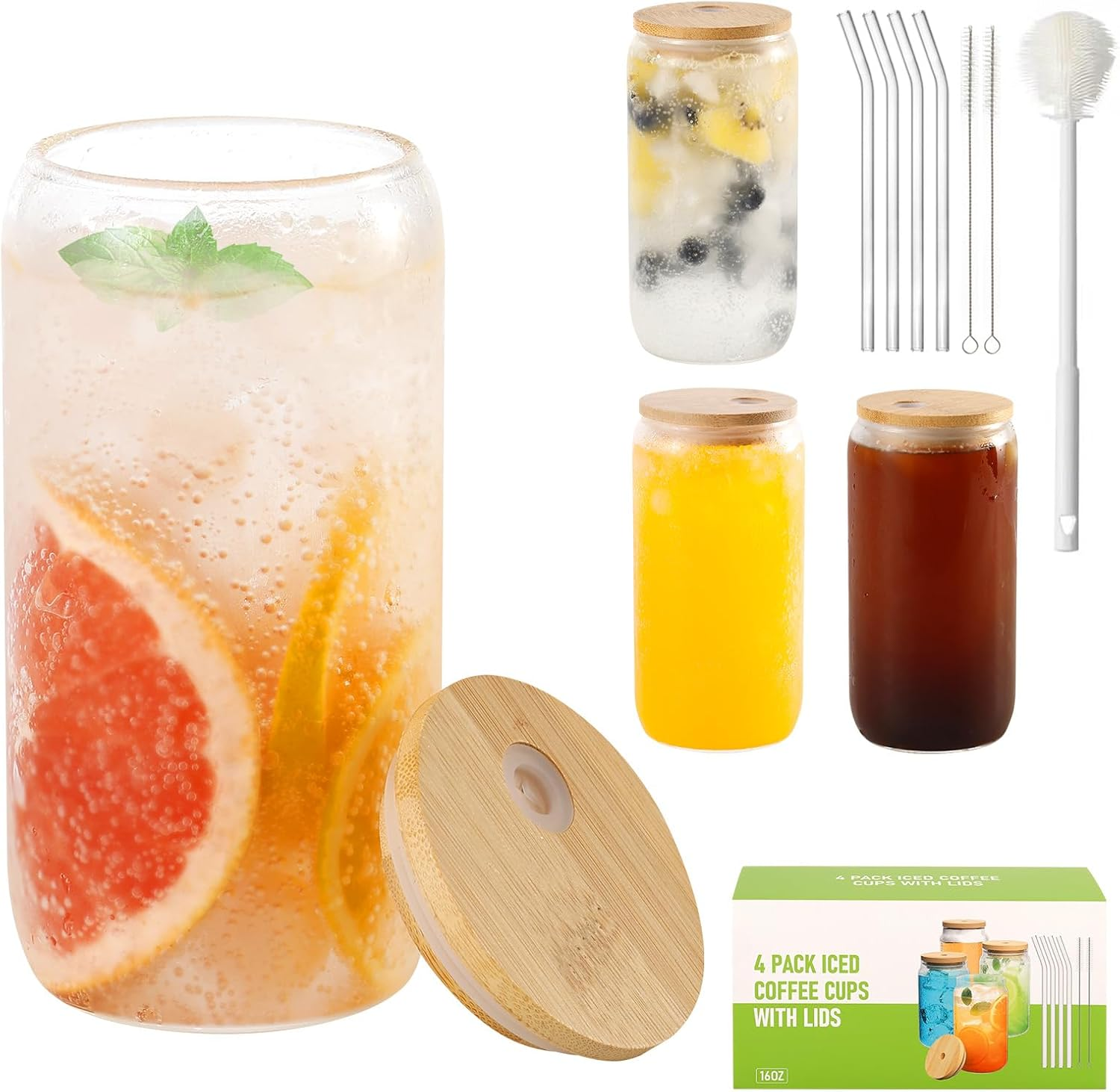 4 Set Glass Cups with Bamboo Lids and Straws, 16Oz Can Shaped Glass Cups, Iced Coffee Cup, Tumbler Cup Gift Set, Drinking Glassware, 2 Straws Brushes, 1 Cups Brushes image number 1