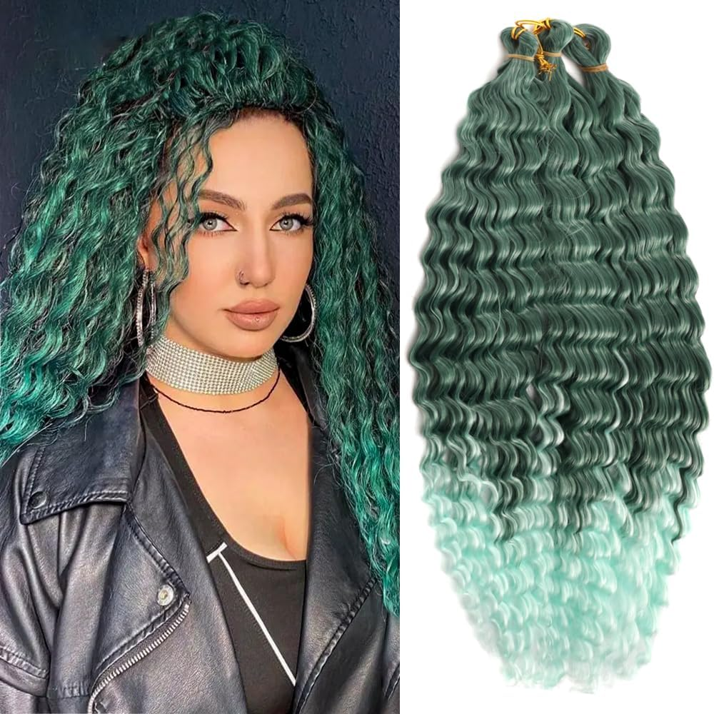 22 Inch 3 Packs Green Ombre Deep Twist Crochet Hair Ocean Wave Curly Bohemian Crochet Braids Deep Wave Hair Bundles Synthetic Hair Extensions for Women Girls image number 5