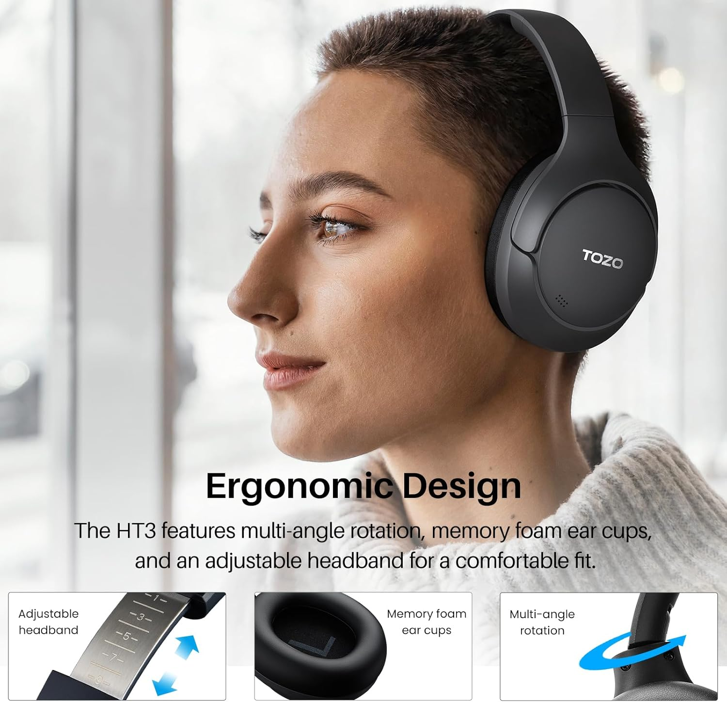 TOZO HT3 Hybrid Noise Cancelling Headphones, 90H Playtime Wireless over Ear Bluetooth Headset, Spatial Audio AI Chat with 5 Mics, Supports Dual Connection and USB-C Input, with 32 EQ Music Modes