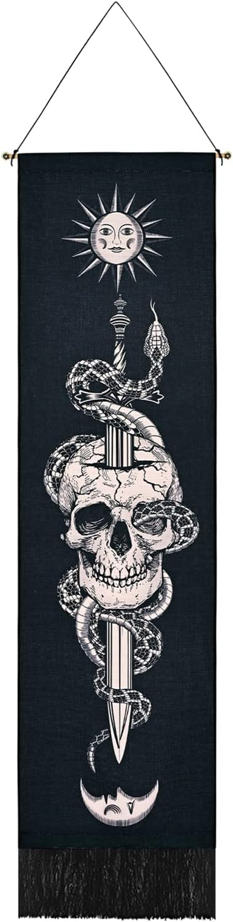 Uspring Skull Tapestry Sun and Moon Tapestry Skeleton Snake Tapestries Vertical Sword Tapestry Black and White Tapestry Wall Hanging for Room (Black, 12.8 X 51.2 Inches)