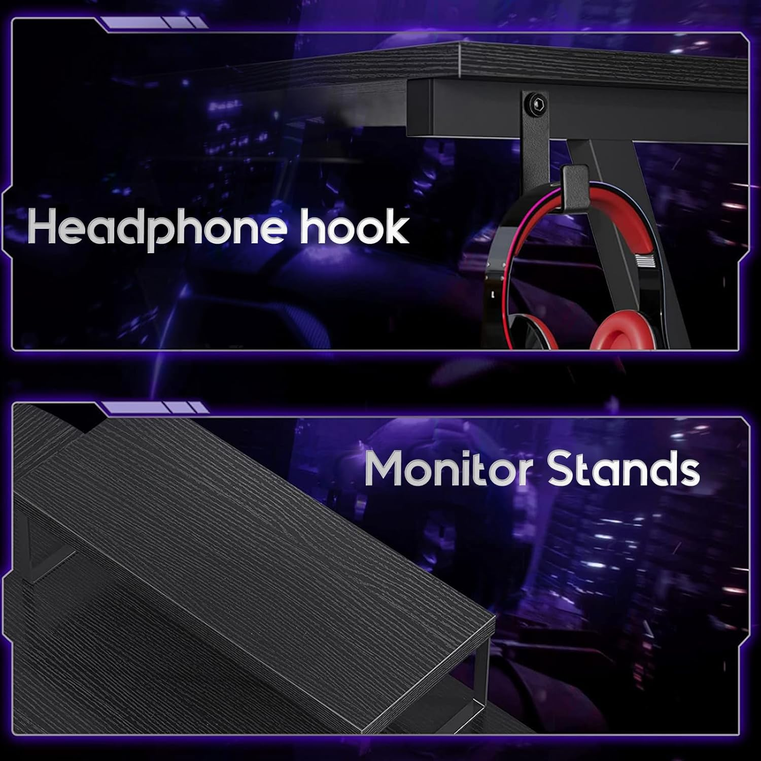 ODK Gaming Desk 127X127X77Cm, L Shaped Desk with Monitor Stand&Storage Bag, Metal Legs, Corner Gaming Table with Headphone Hook for Home Office Bedroom Study, Black image number 1