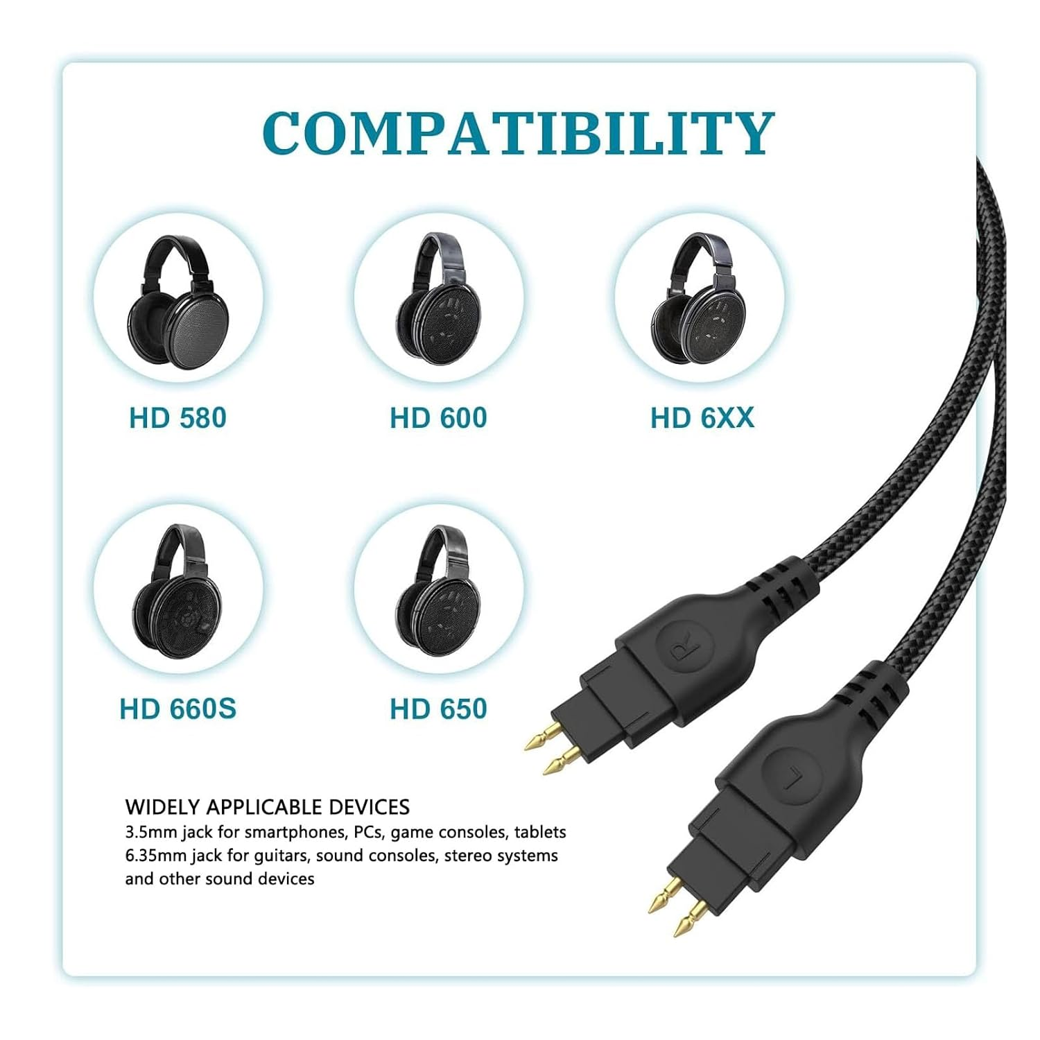 Replacement Audio Upgrade Cable for HD580 HD600 HD650 HD660S HD6XX HD535 HD545 HD565 HD265 Headphone, Replacement Headphone Sound Cable with 3.5Mm 6.35Mm Plug Adapter 6.6Ft image number 4