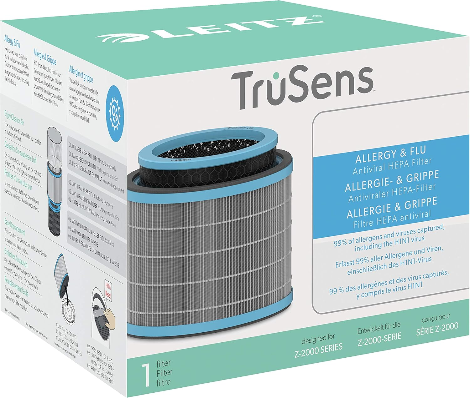 Leitz Trusens Allergy and Flu Replacement Anti-Viral 3-In-1 HEPA Filter Drum, Mesh Prefilter, HEPA Filter, Carbon Filter, for Leitz Z-2000/Z-2500 Air Purifier, Removes Odours and Vocs, 2415117 image number 3