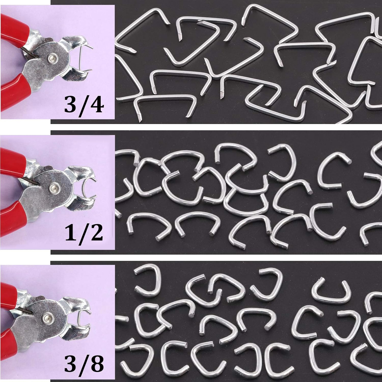 Swpeet 900Pcs 3/4" 1/2" 3/8" Galvanized Hog Rings with Straight Hog Ring Pliers Assortment Kit, Professional Upholstery Hog Rings Installation Kit for Bungee Shock, Cords, Animal Pet Cages, Bagging image number 3