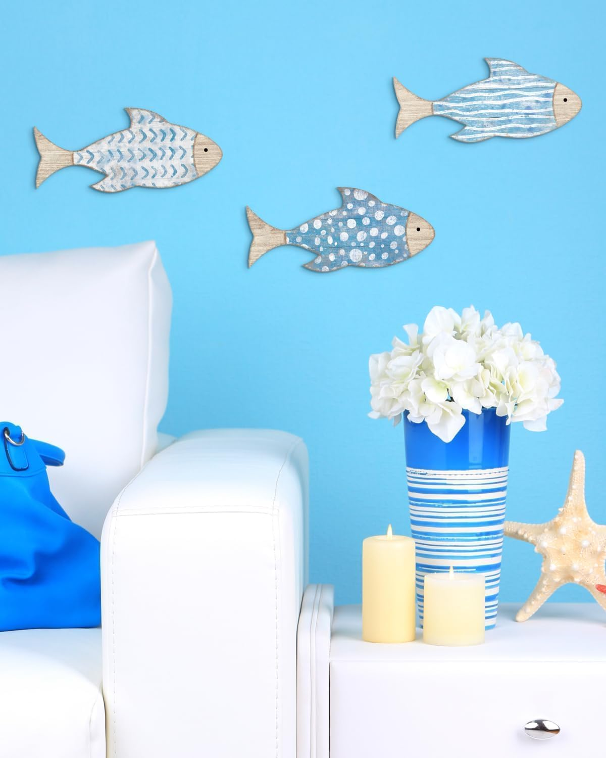 Walquicks 3 Pcs Wooden Fish Coastal Decor Set, Wall Decor Beach Themed Room Decor, Vintage Lake House Decor, Nautical Ocean Wooden Fish Wall Art Decor for Home Indoor Outdoor Bathroom Living Room image number 2